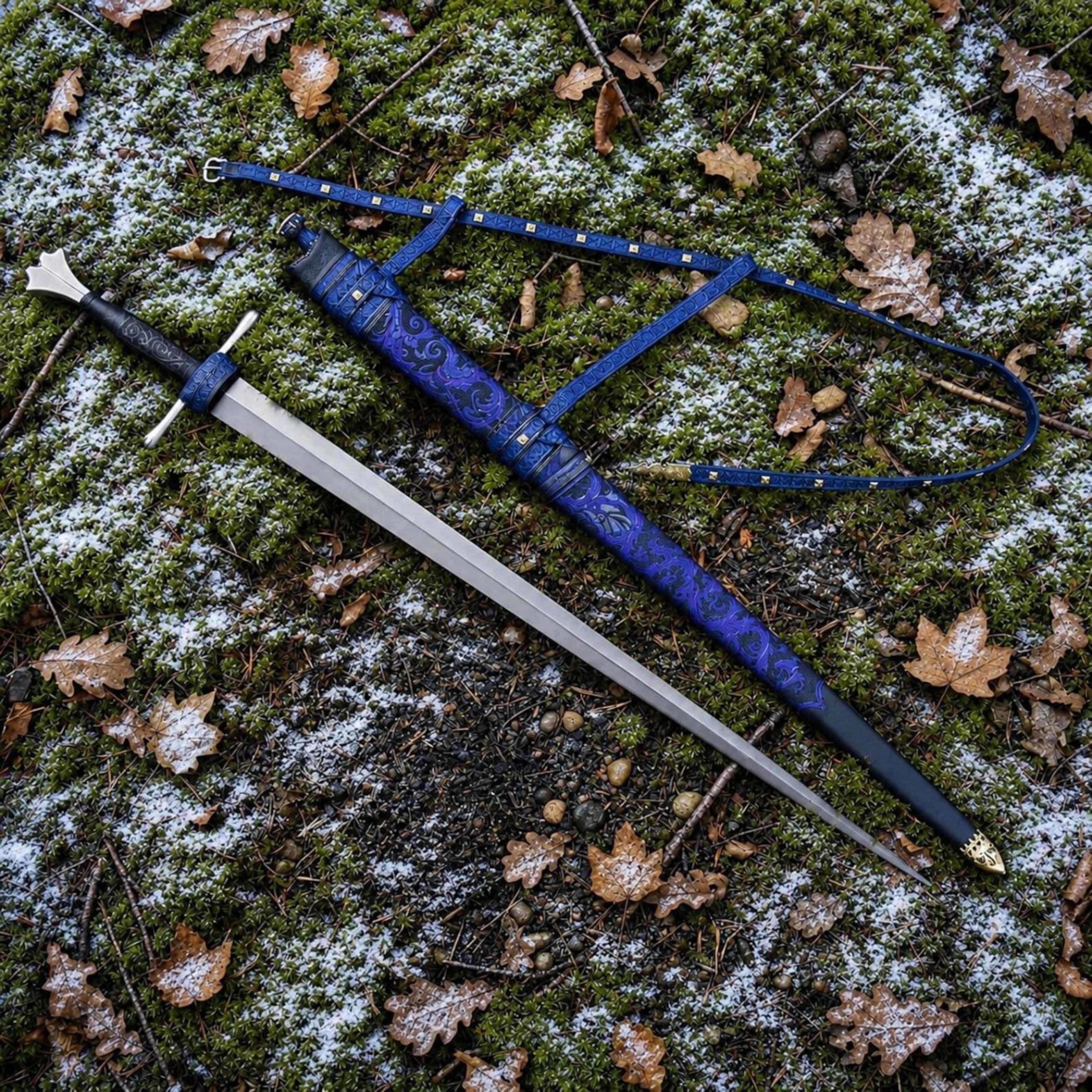 40in royal blue medieval longsword with polished steel blade, black grip & ornate blue scabbard