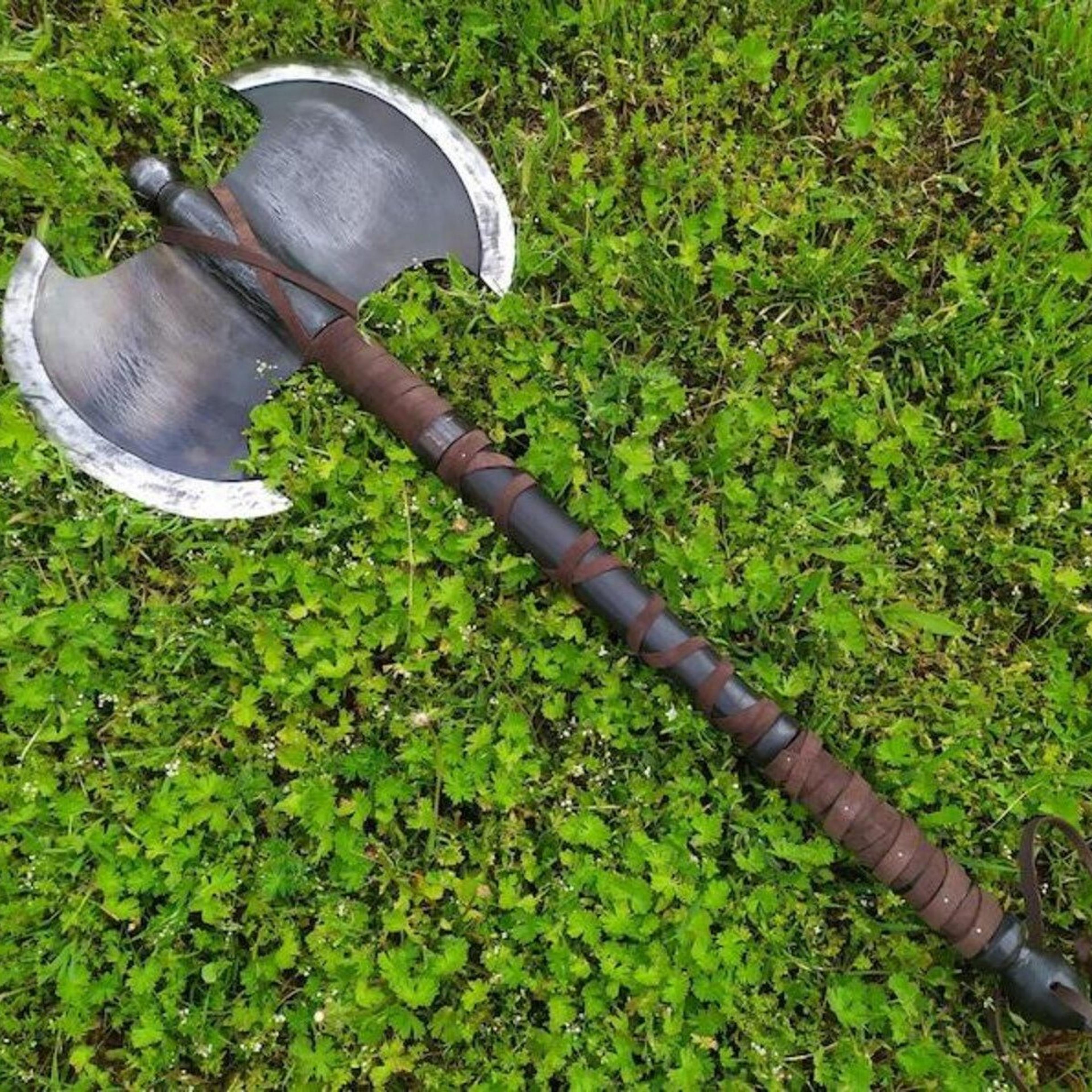 32in double-bit viking battle axe with forged steel heads, dark wood shaft & brown leather wrap