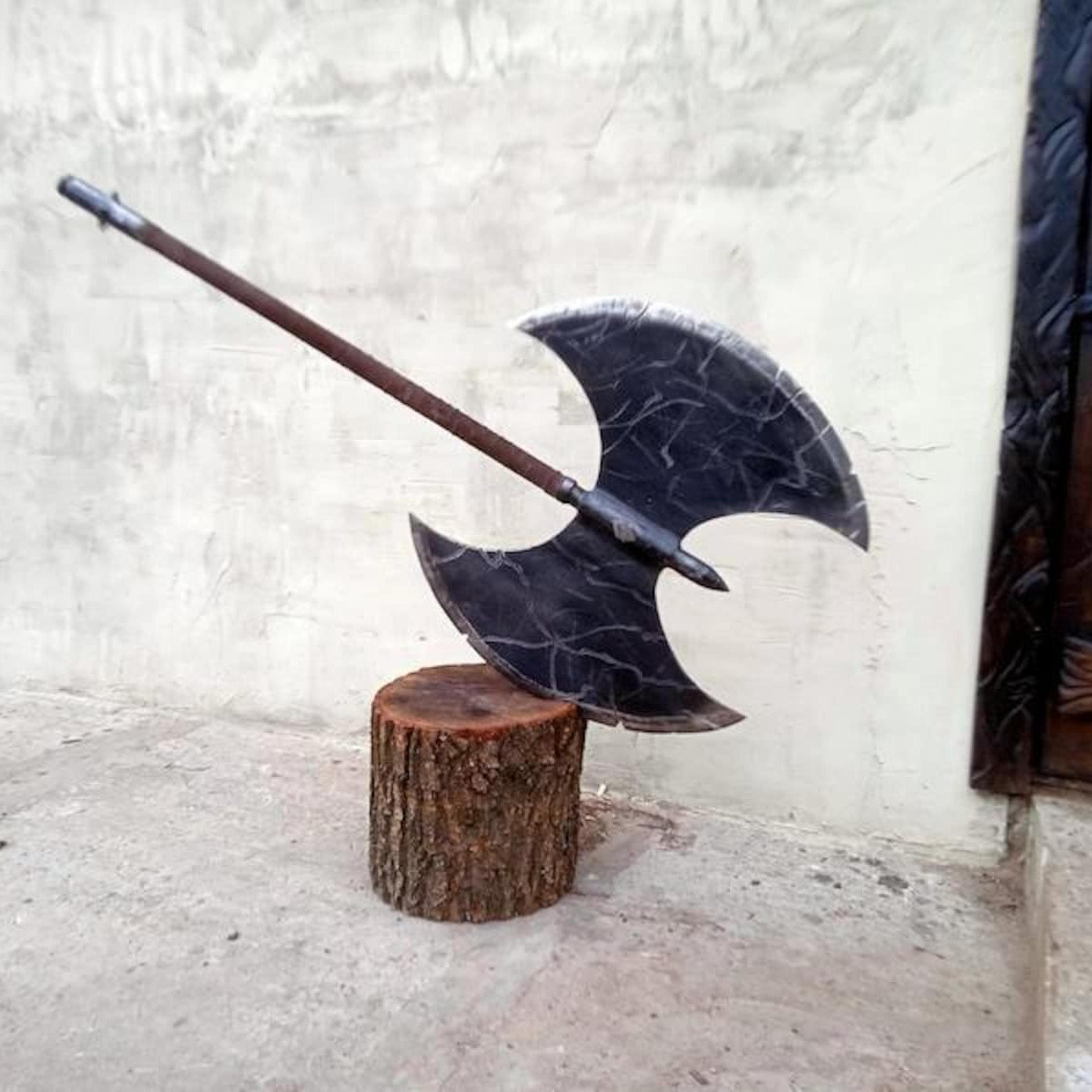 48in double crescent battle axe with blackened steel heads & long brown wood shaft | fantasy polearm