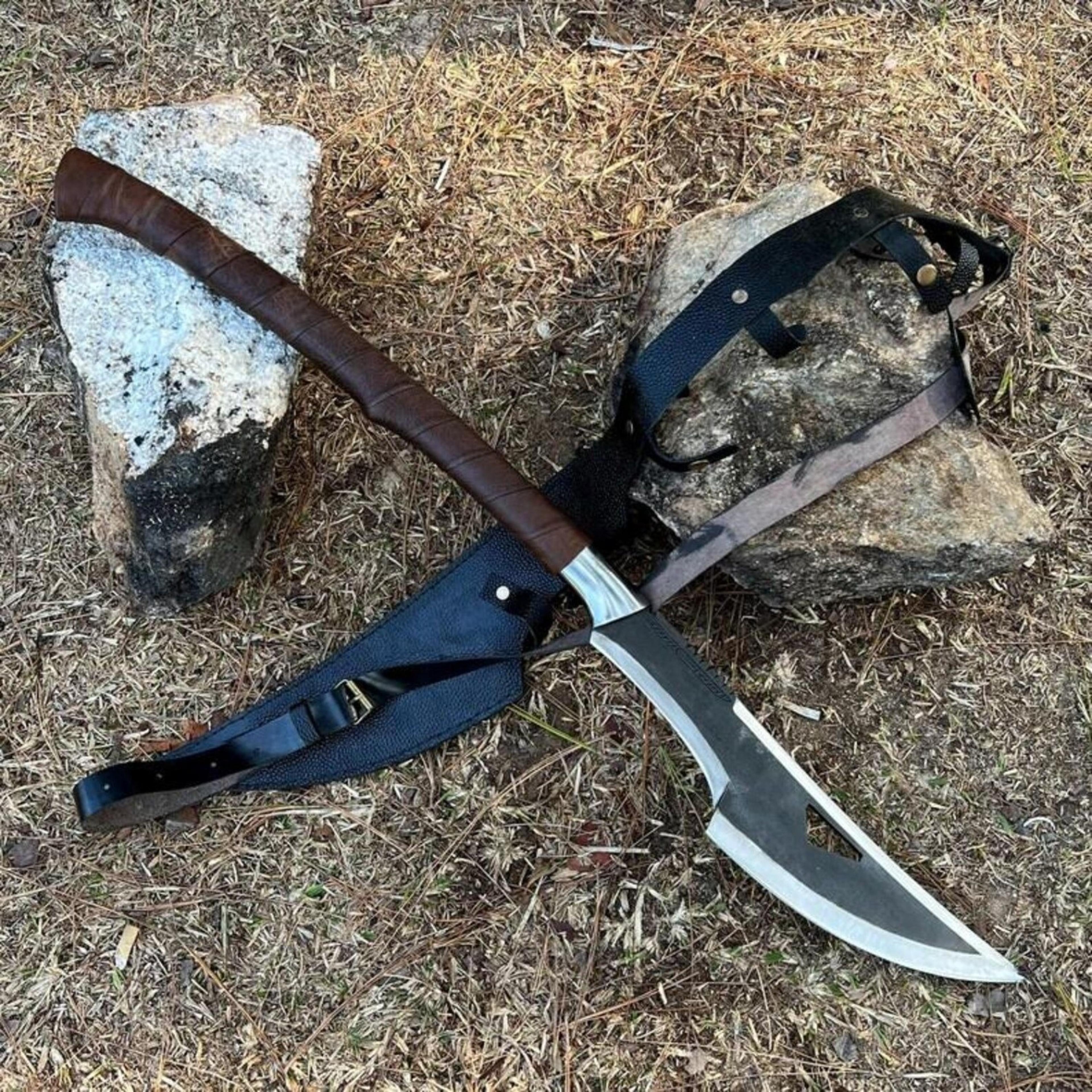 44in fantasy glaive polearm with curved steel blade, leather-wrapped shaft & black carry harness
