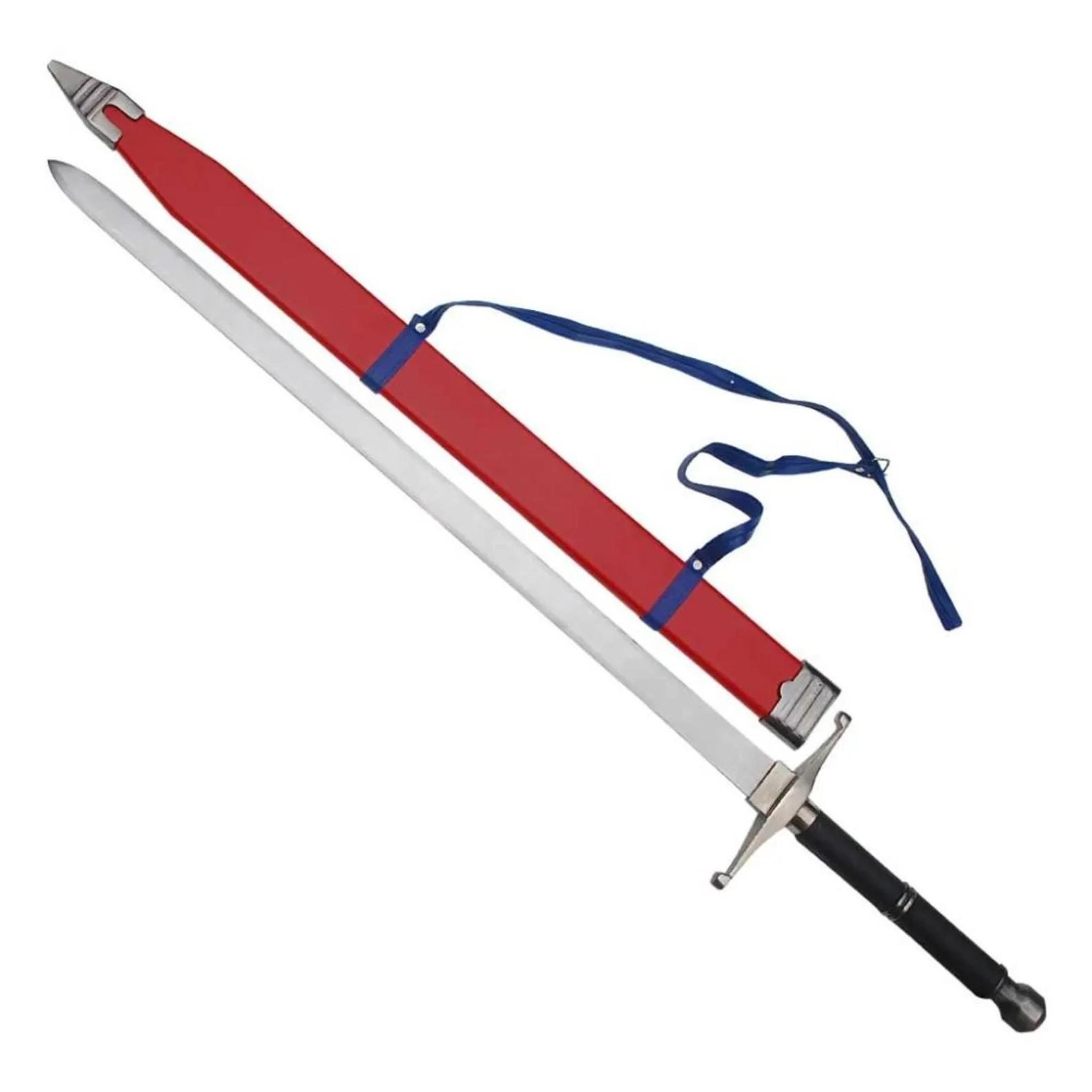 40in red scabbard medieval longsword with polished steel blade, black grip & silver crossguard