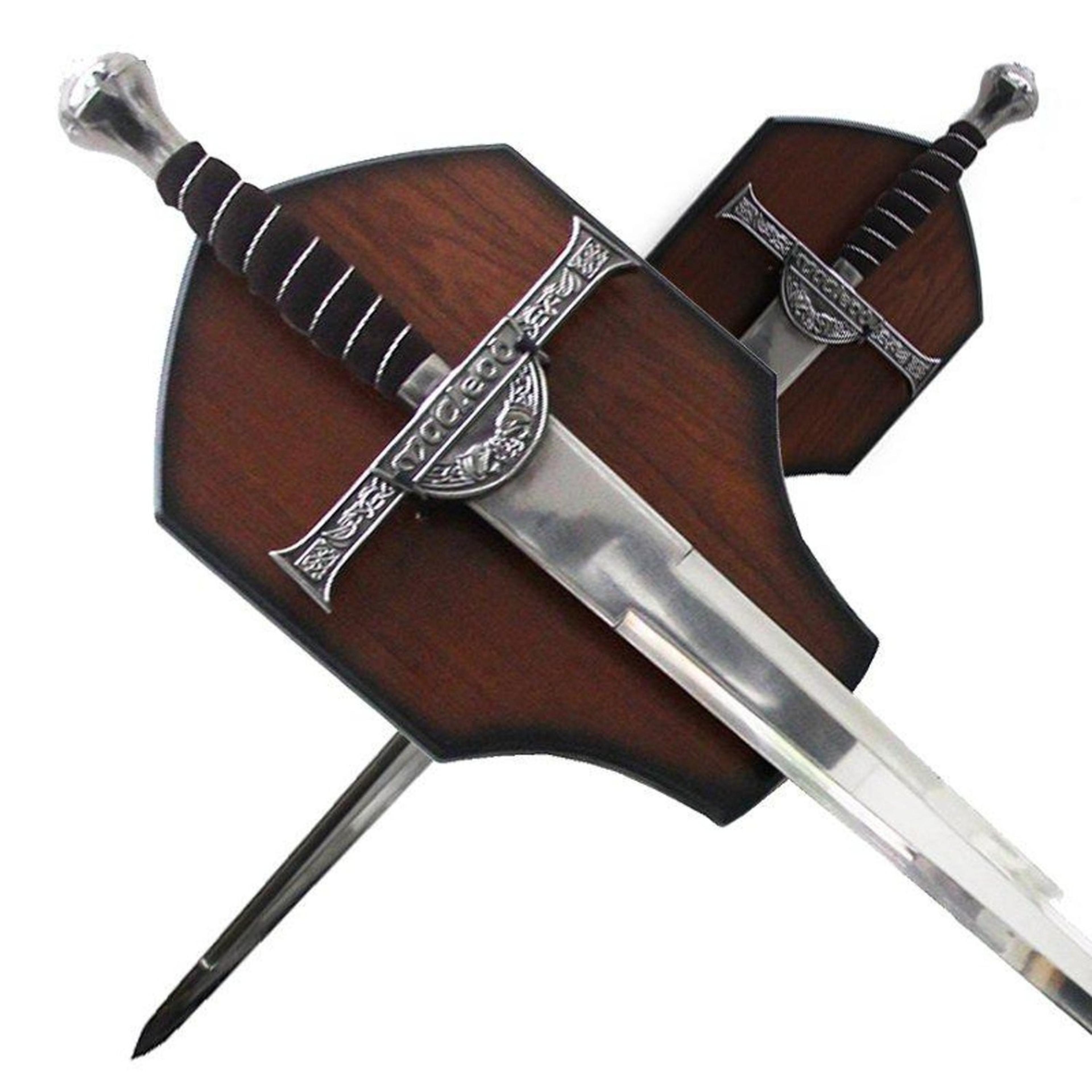 36in medieval wall display sword with polished steel blade, black wrapped grip & wooden plaque