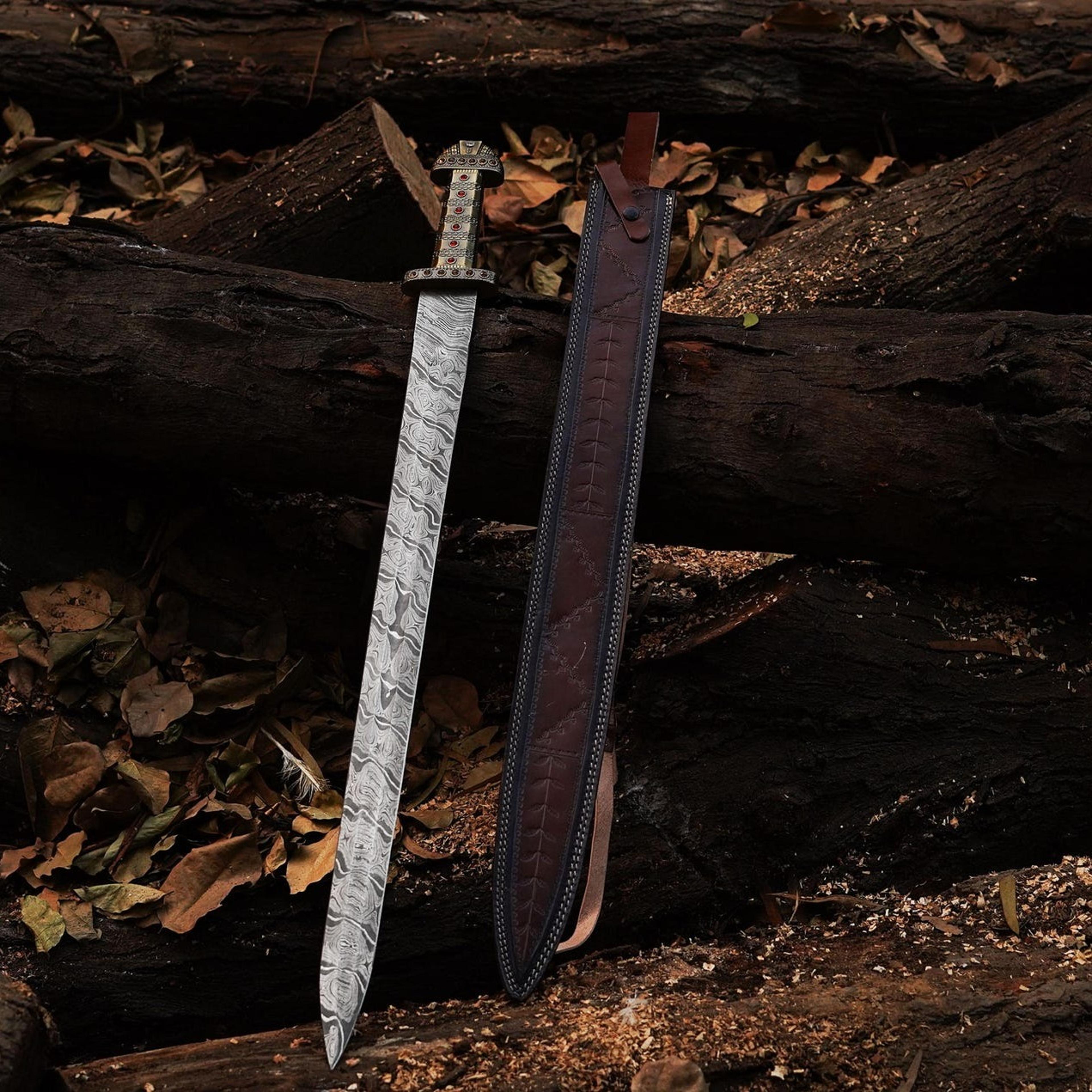 handmade 38inch damascus steel sword with gemstone handle and leather sheath collectors decora