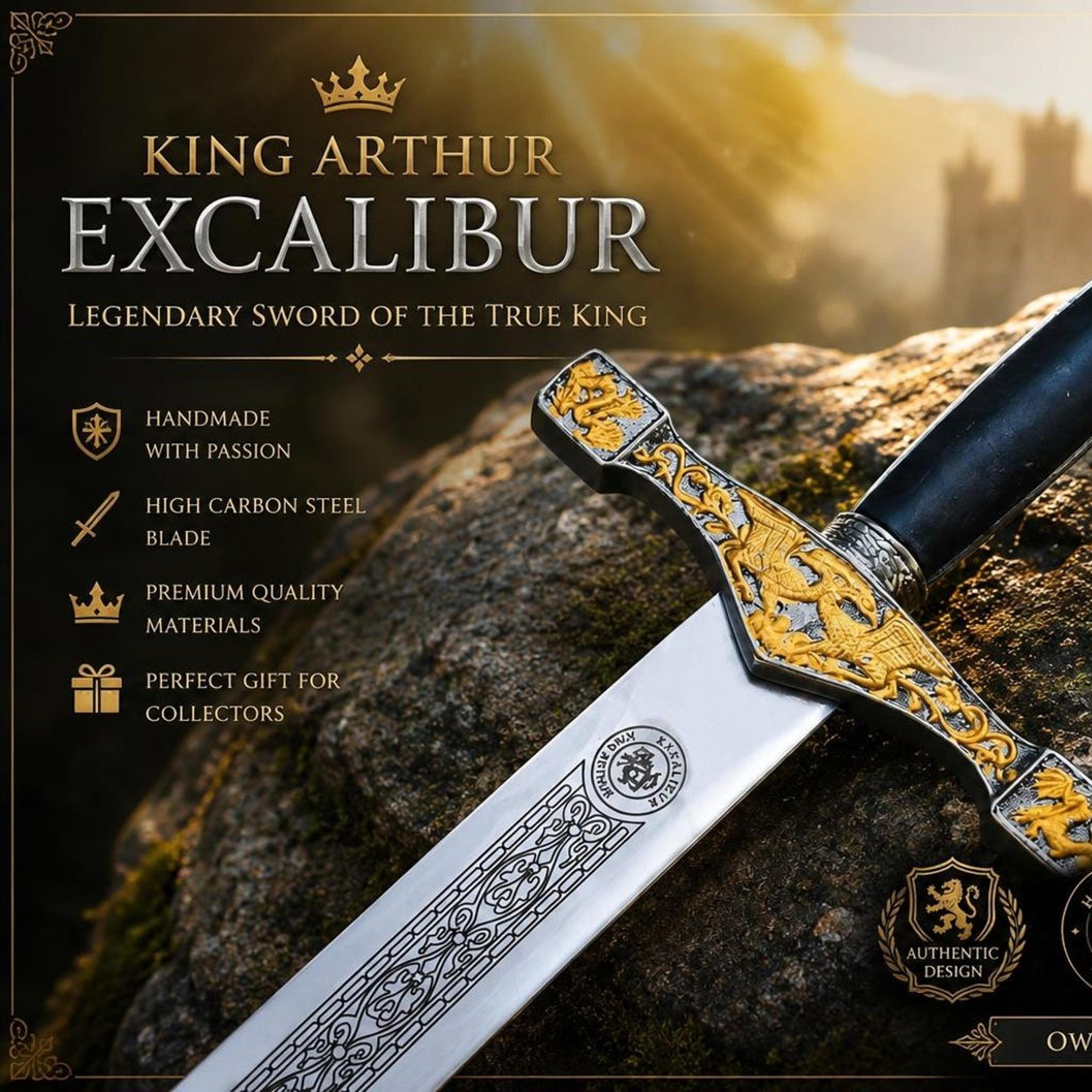 40in royal crest longsword with polished steel blade, gold engraved guard & black grip