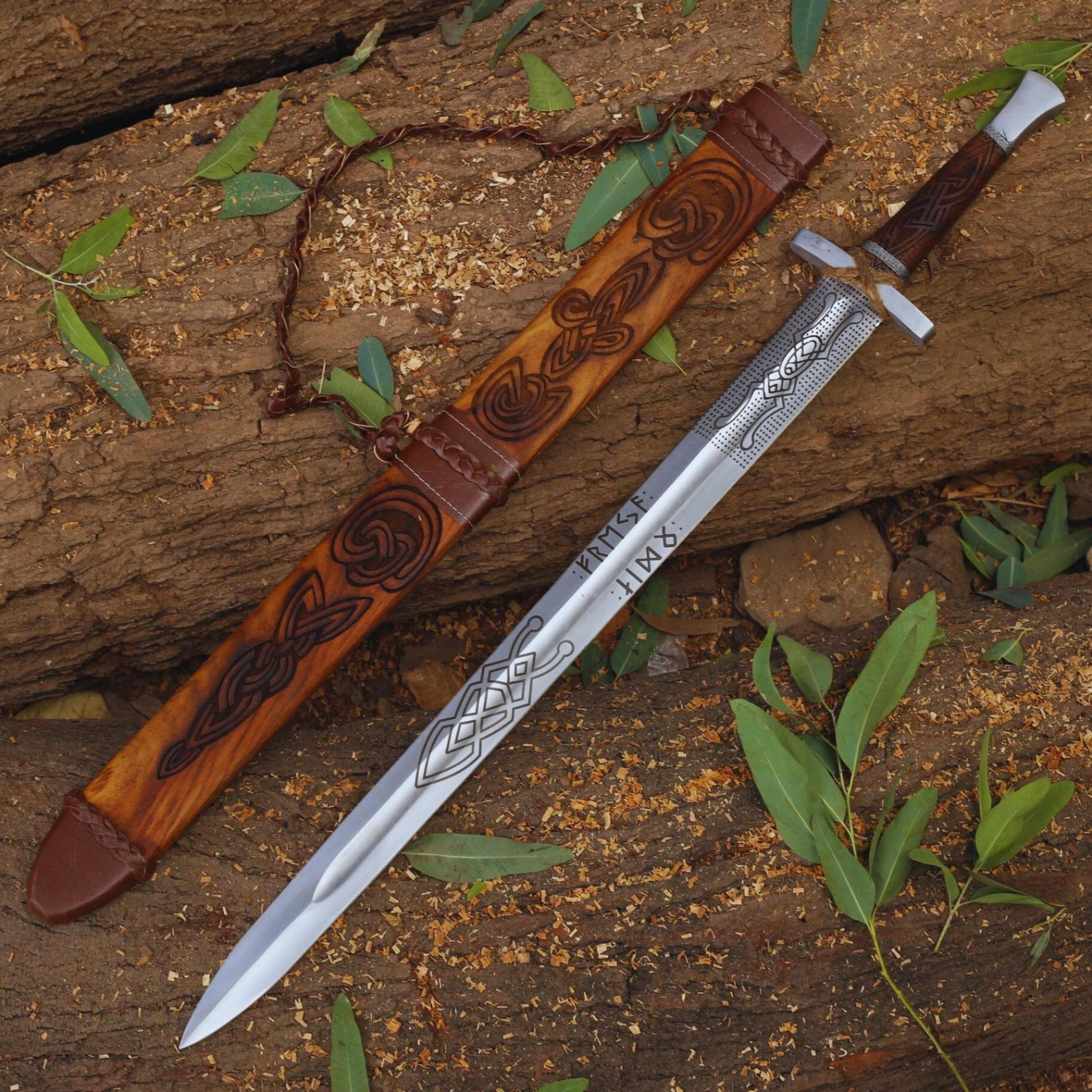 38in norse rune longsword with polished steel blade, carved wood grip & celtic knot scabbard