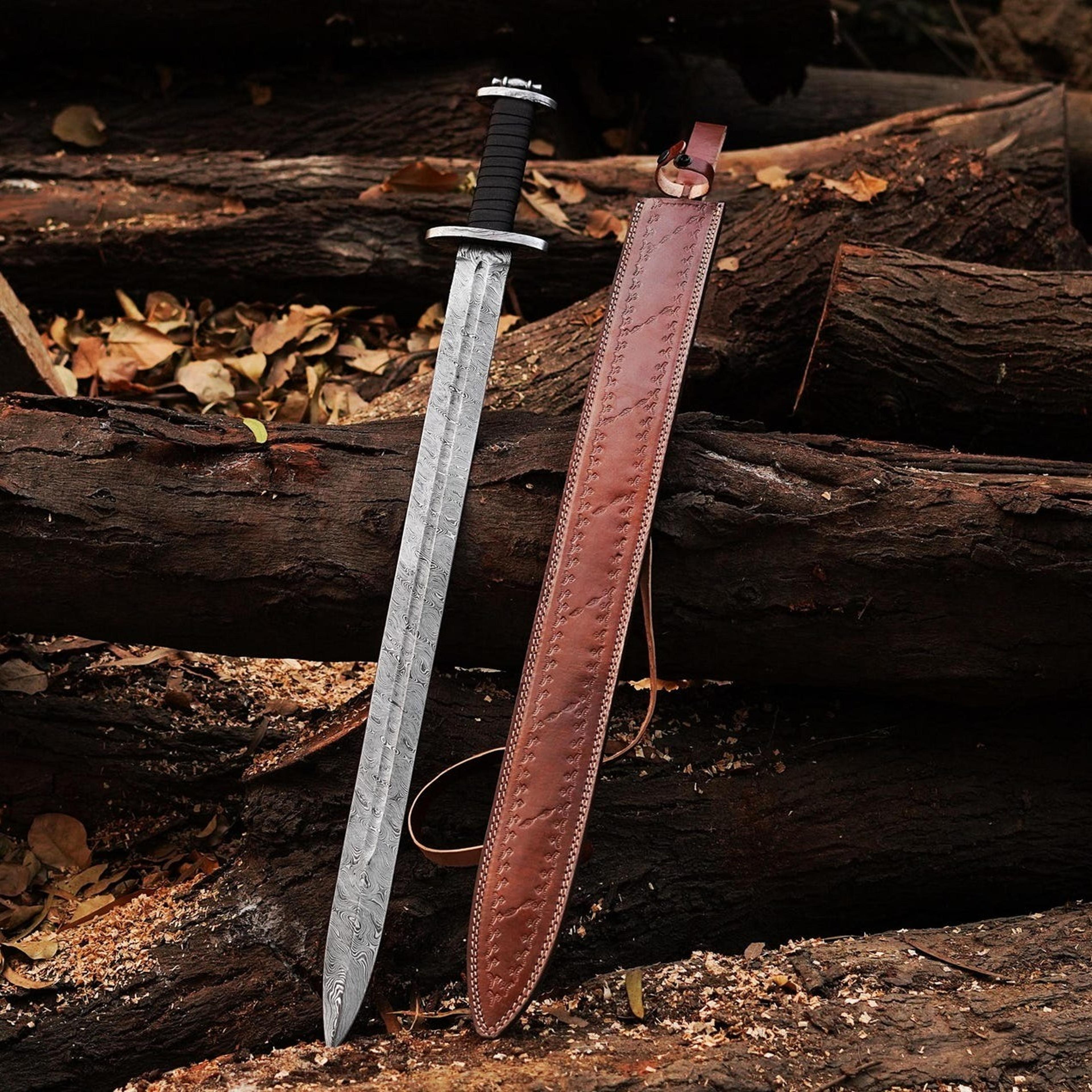 30in hook-tip fantasy cleaver sword with forged steel blade, wrapped grip & rustic battle-worn finish