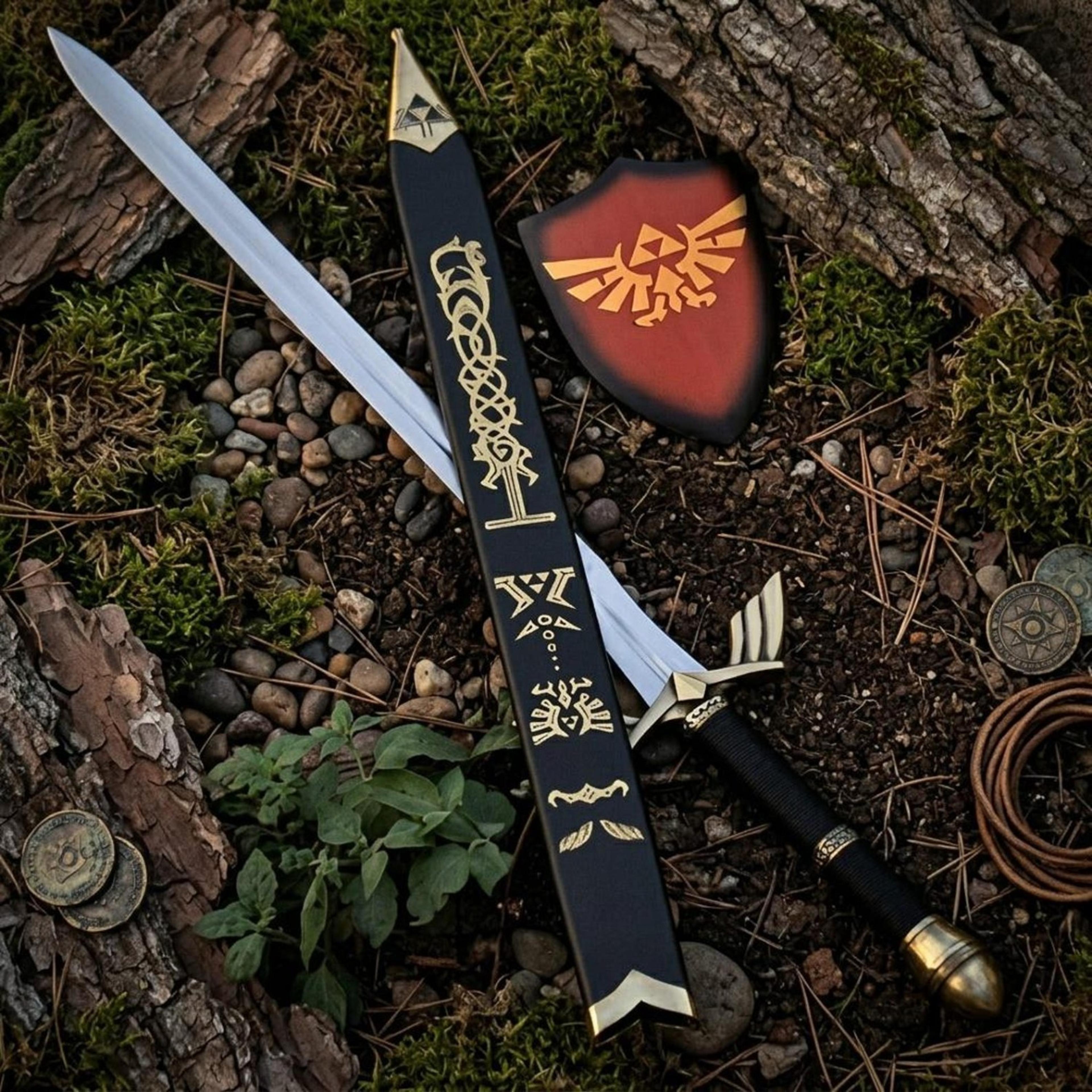 39in zelda master sword replica with steel blade, black gold hilt, rune scabbard & hylian shield