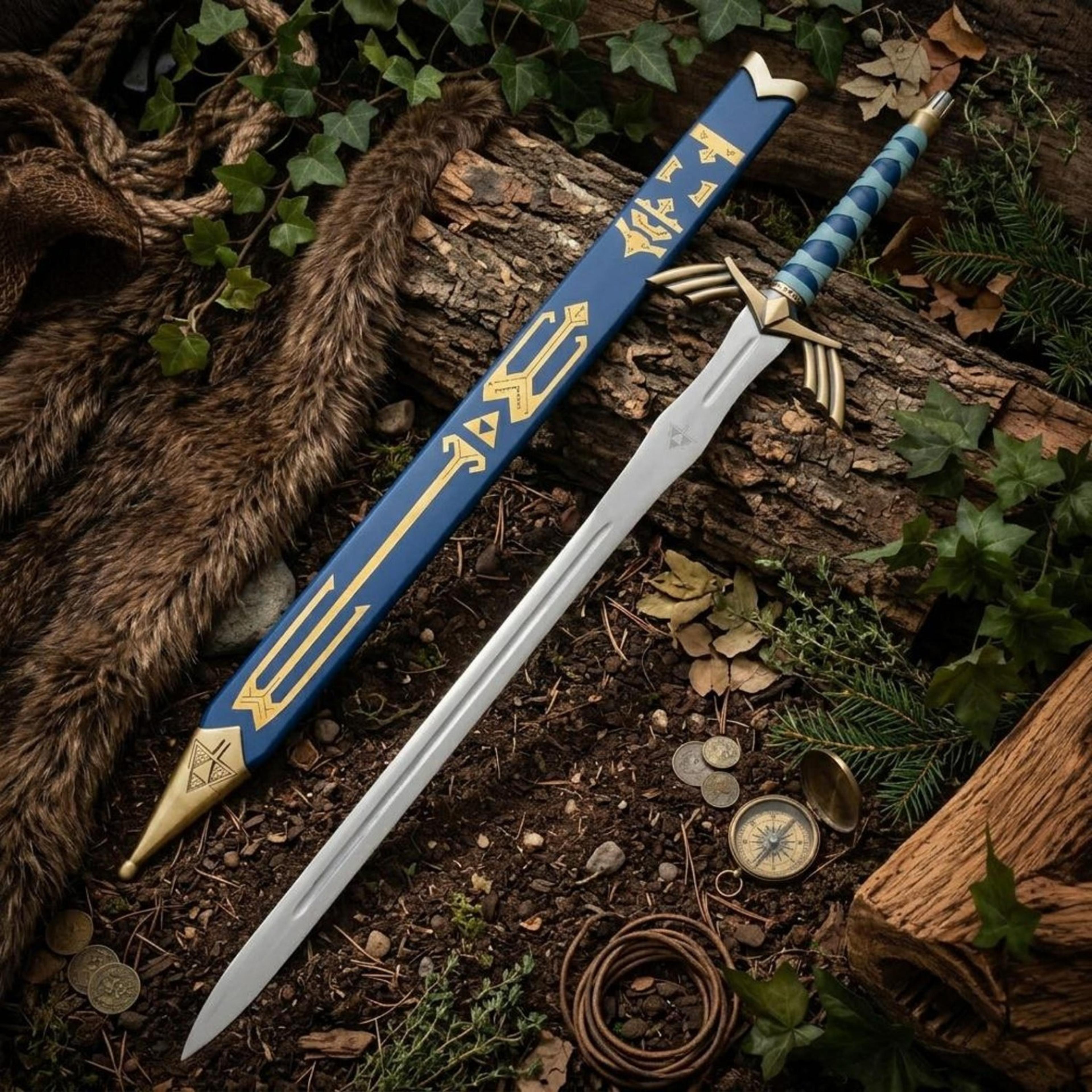 39in azure rune fantasy longsword with polished steel blade, blue grip & gold-trimmed scabbard