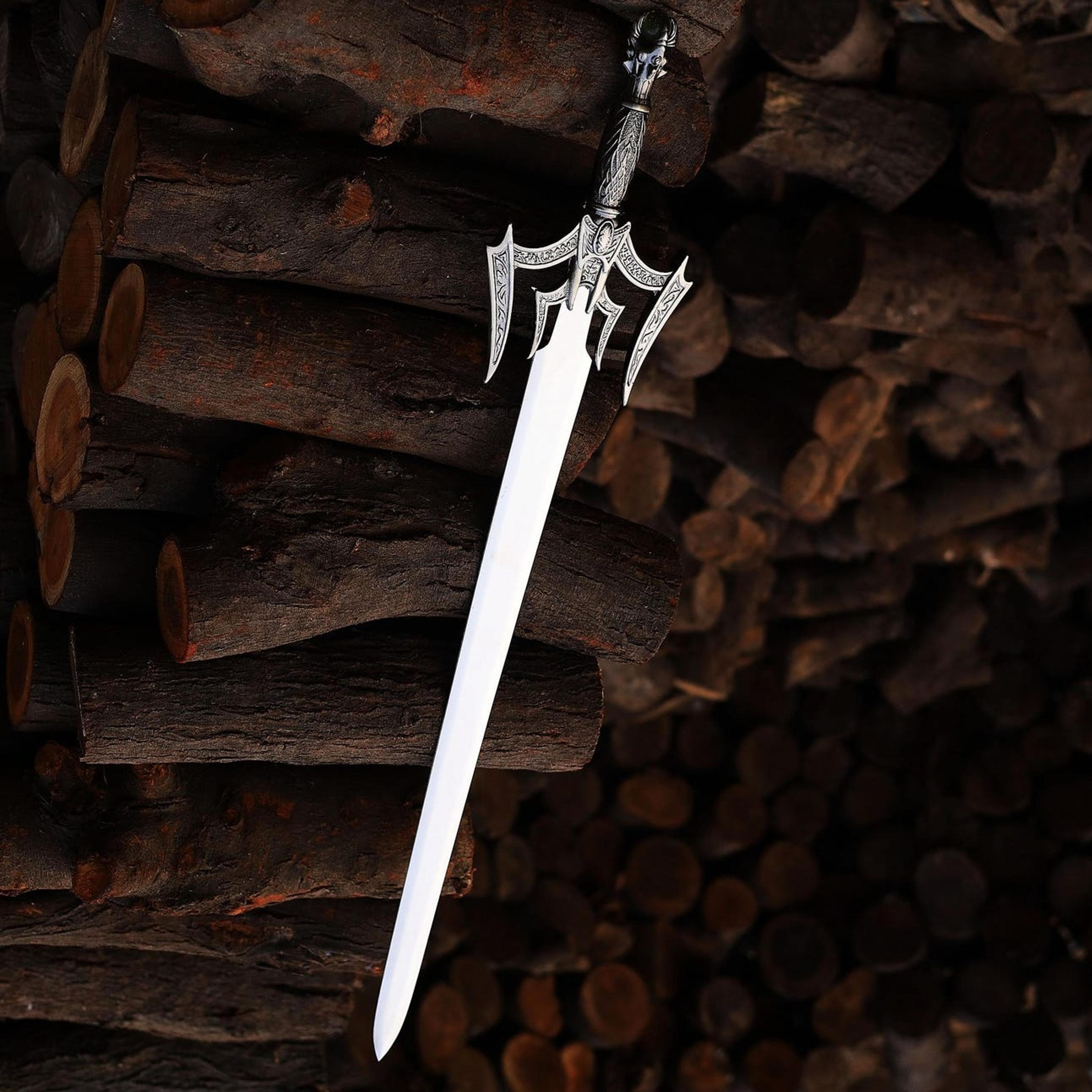 36in gothic double-wing fantasy sword with polished steel blade, black grip & ornate silver hilt
