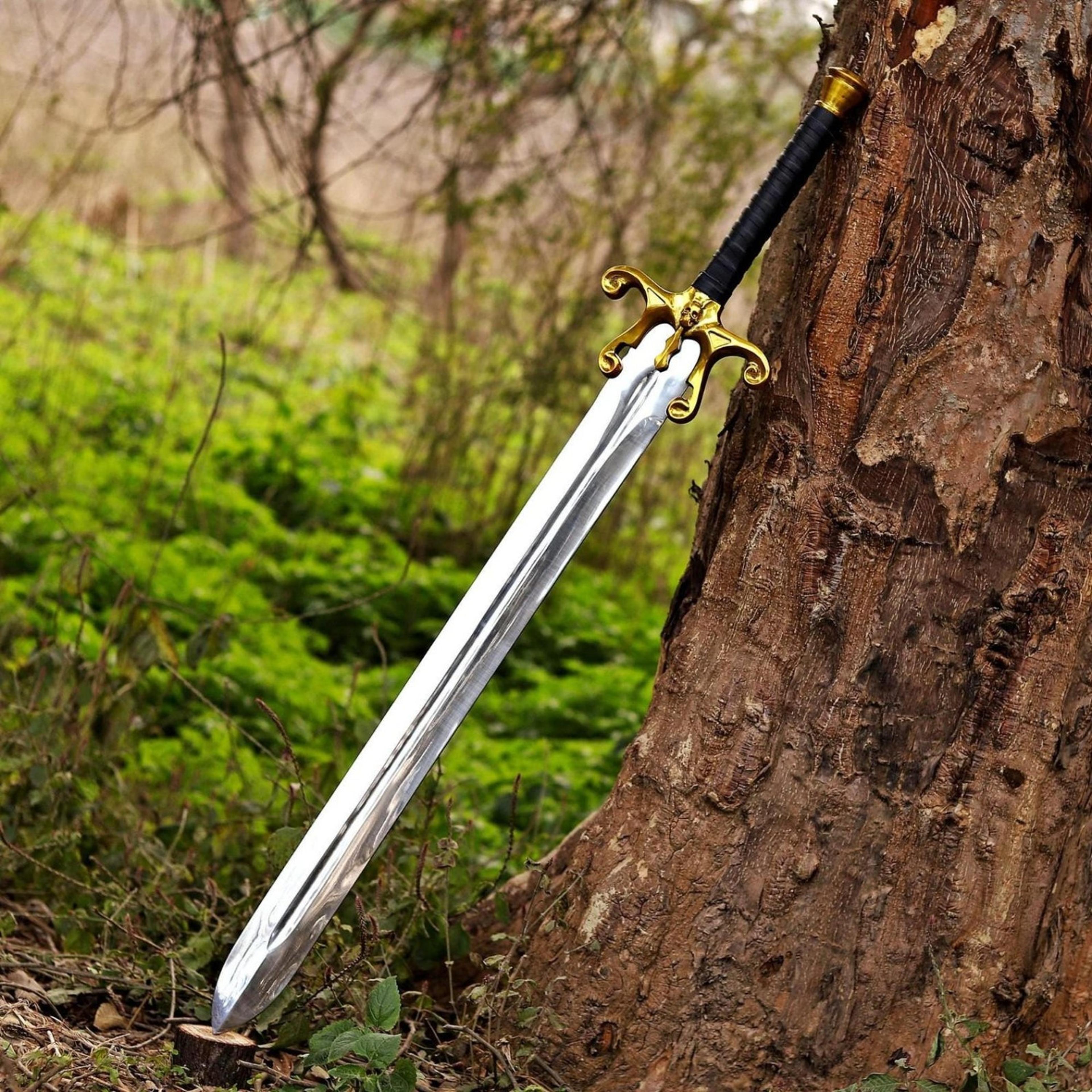 36in golden fleur fantasy longsword with polished steel blade, black grip & ornate gold guard