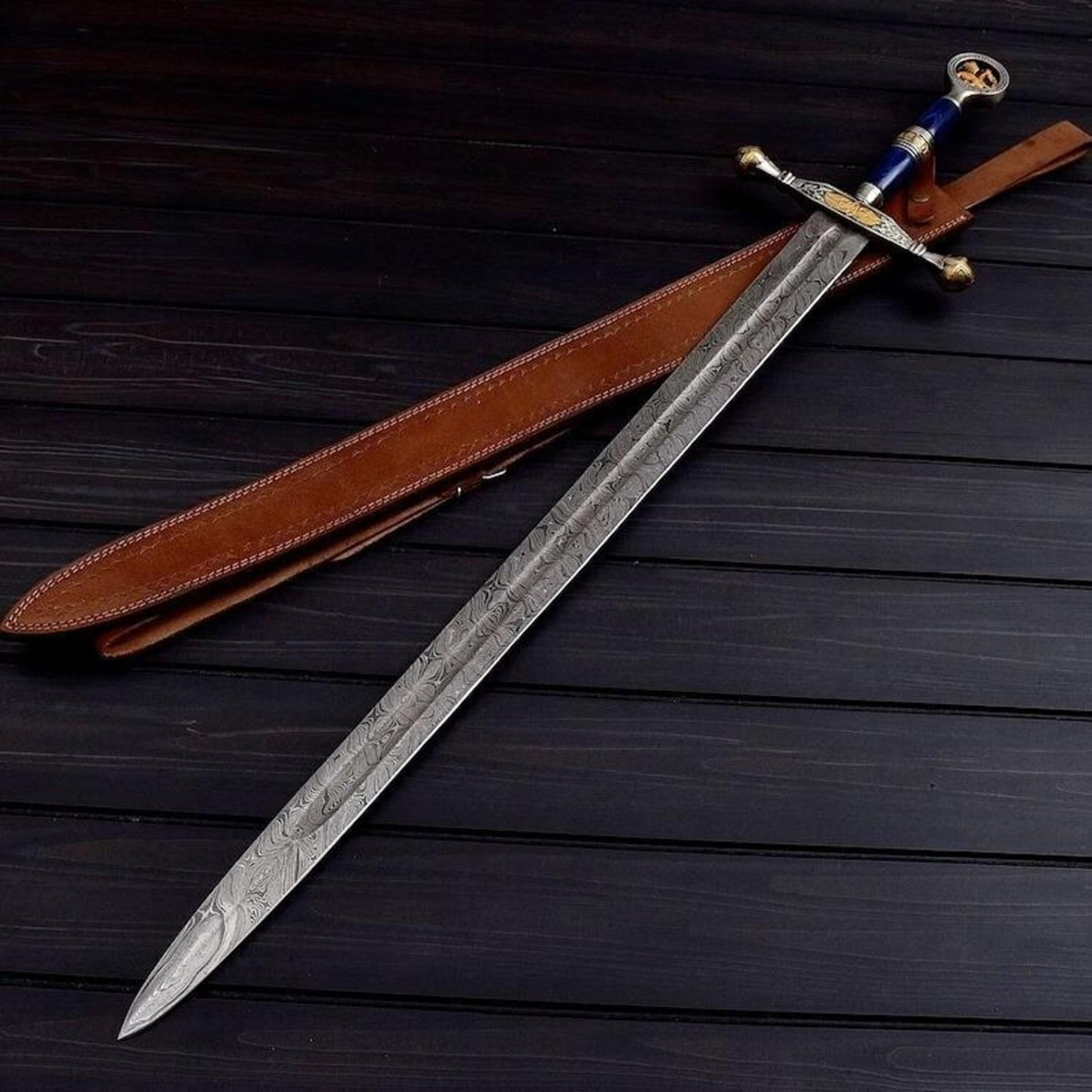 39in damascus medieval longsword with patterned steel blade, blue grip & brown leather scabbard