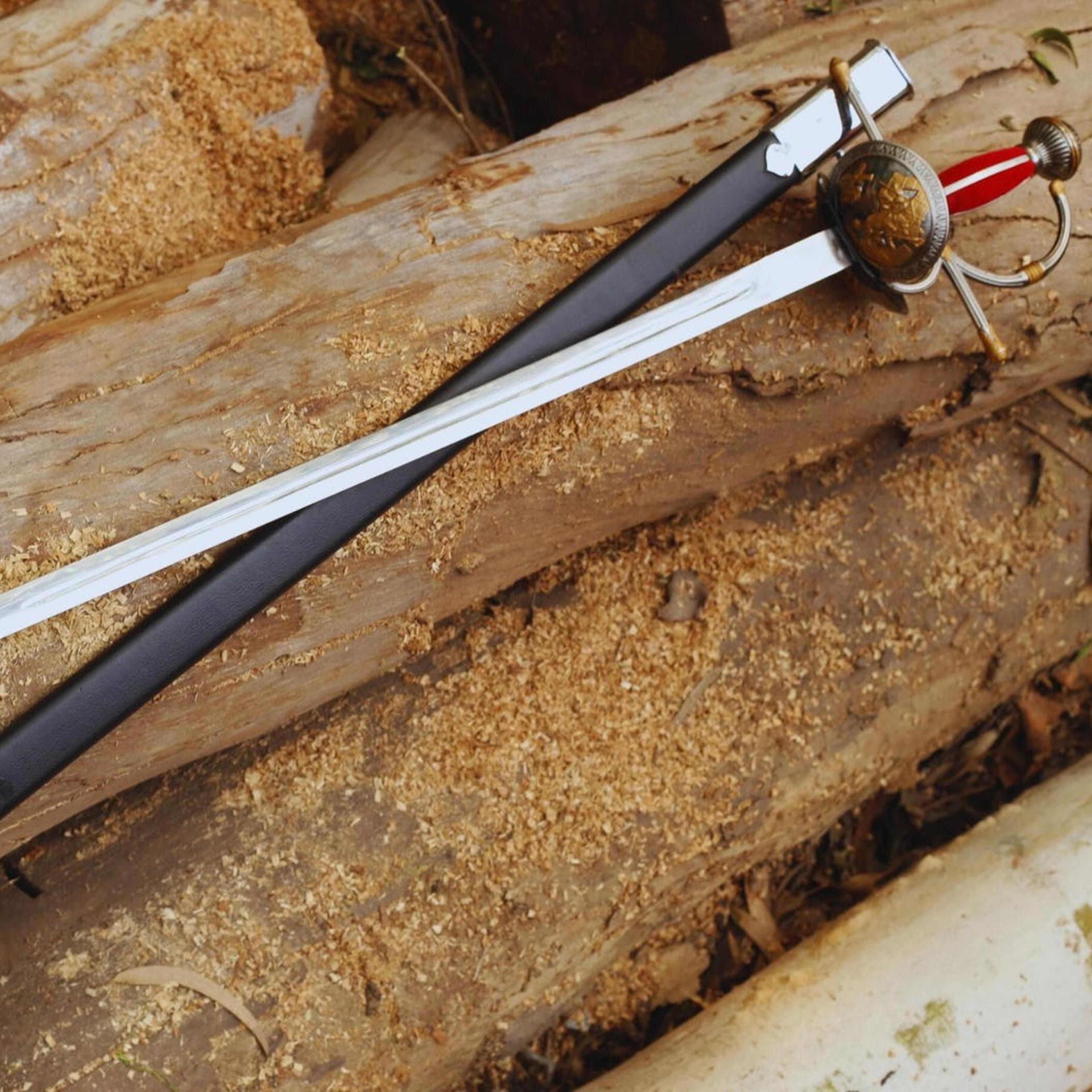 39in royal guard rapier with polished steel blade, red white grip, crest hilt & black scabbard