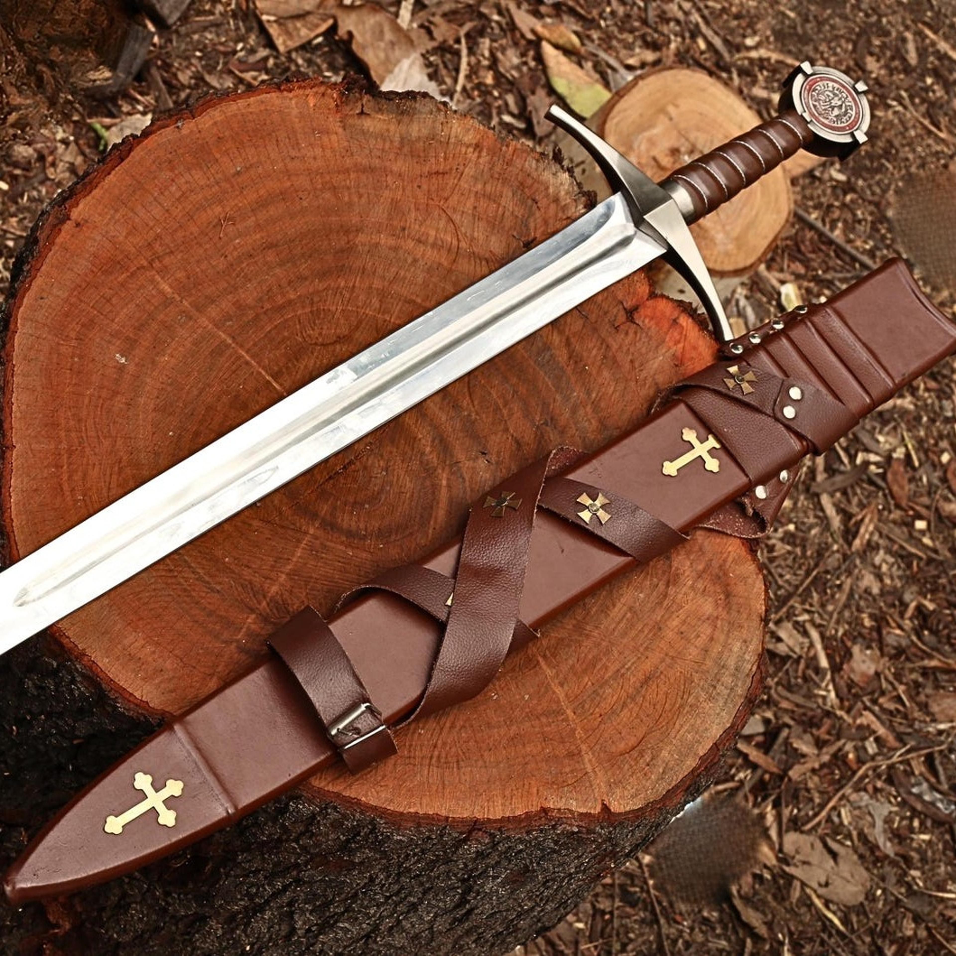 handmade crusader knight longsword with fuller steel blade, brown leather grip & cross-studded scabbard