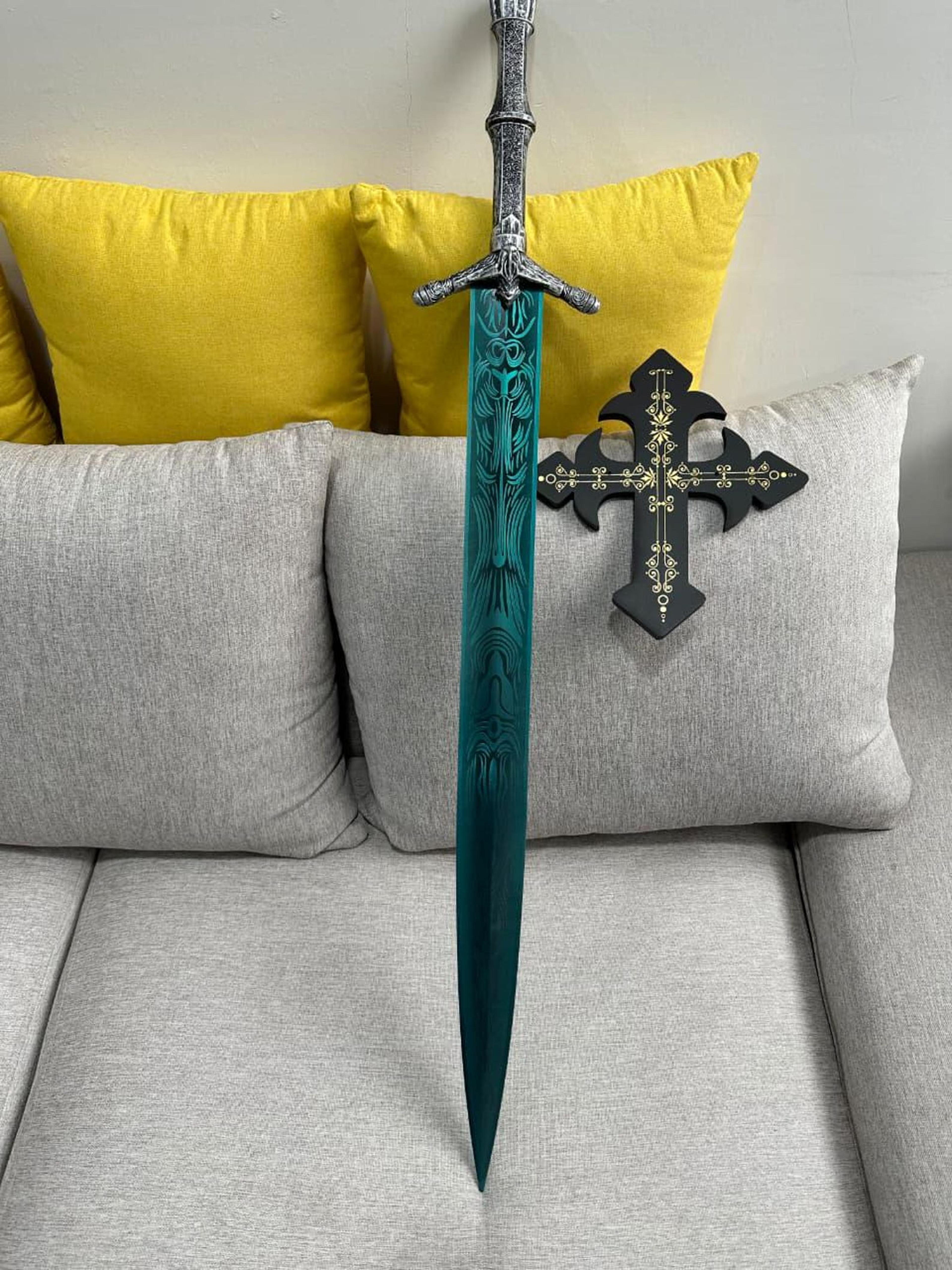 42in teal rune gothic greatsword with etched steel blade, sculpted dark hilt & cross wall plaque
