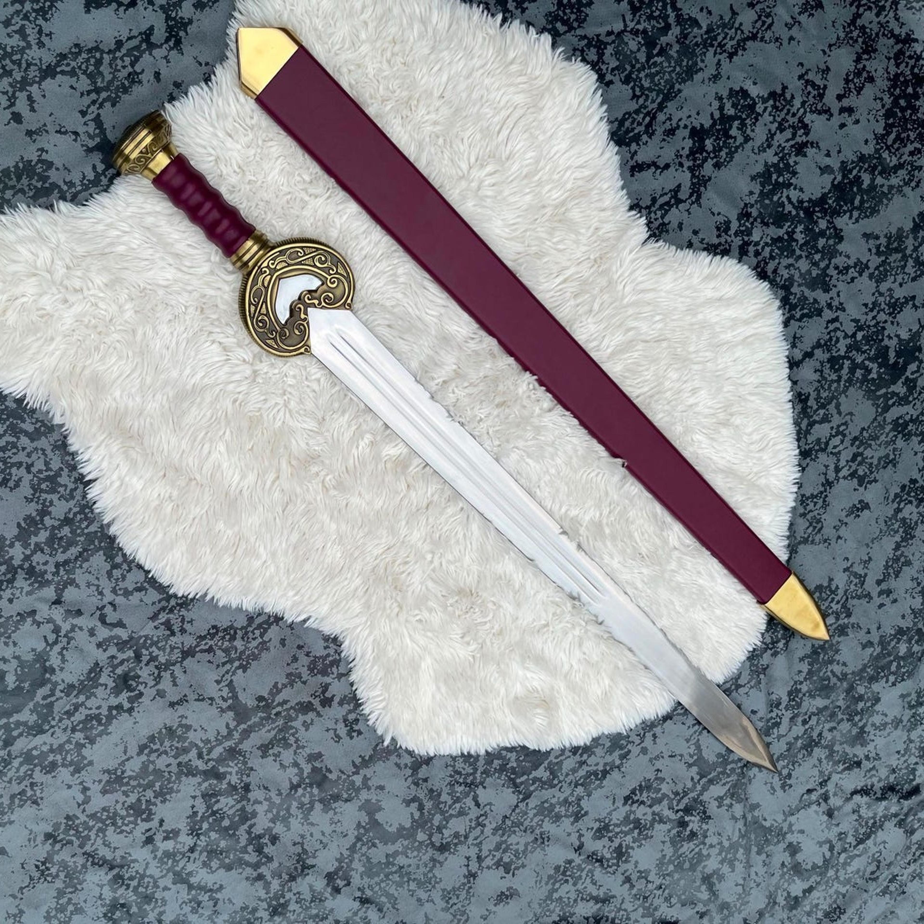 31in greek xiphos sword with polished steel blade, burgundy grip & gold ornate scabbard