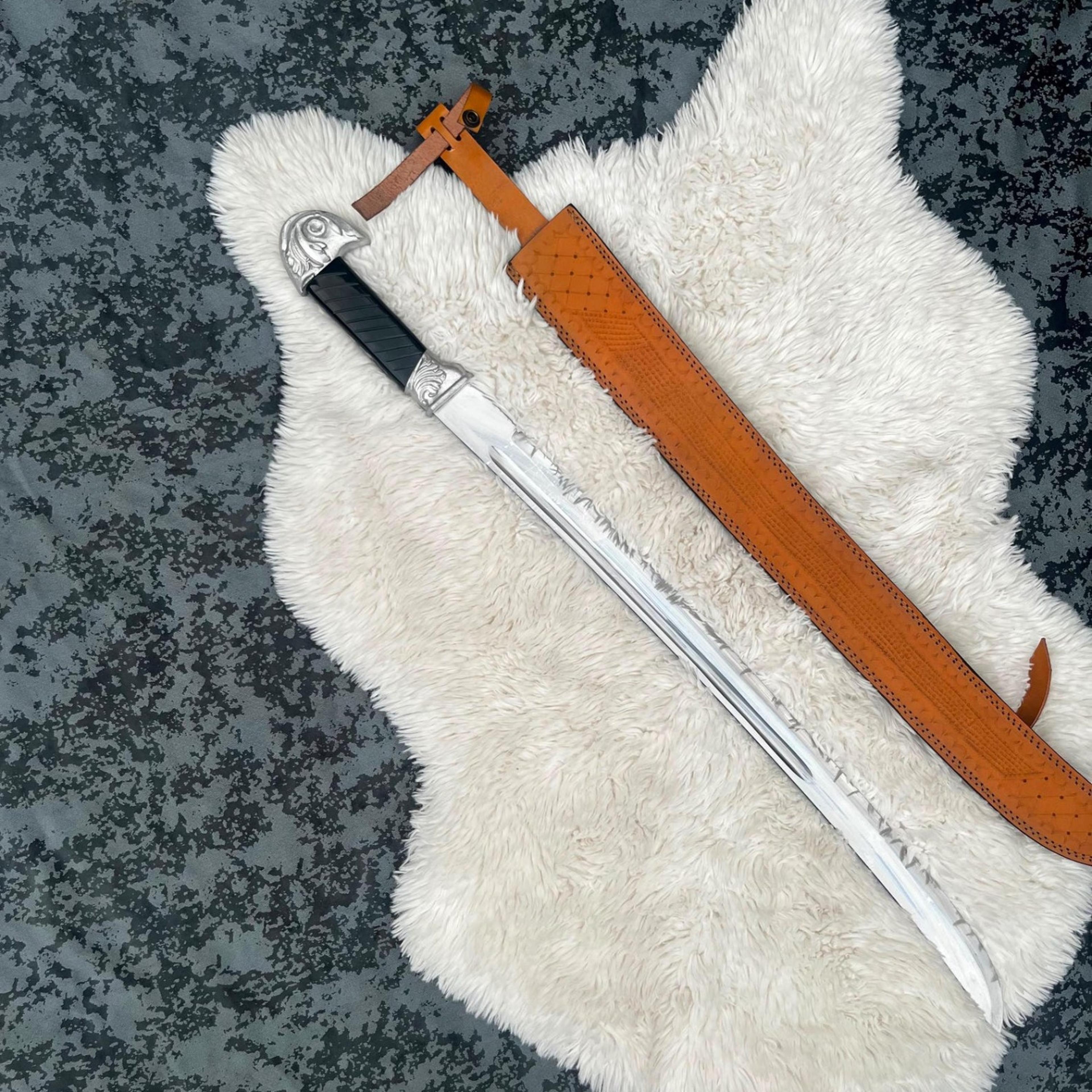 38in elven ranger sword with polished steel blade, black grip & tan leather scabbard