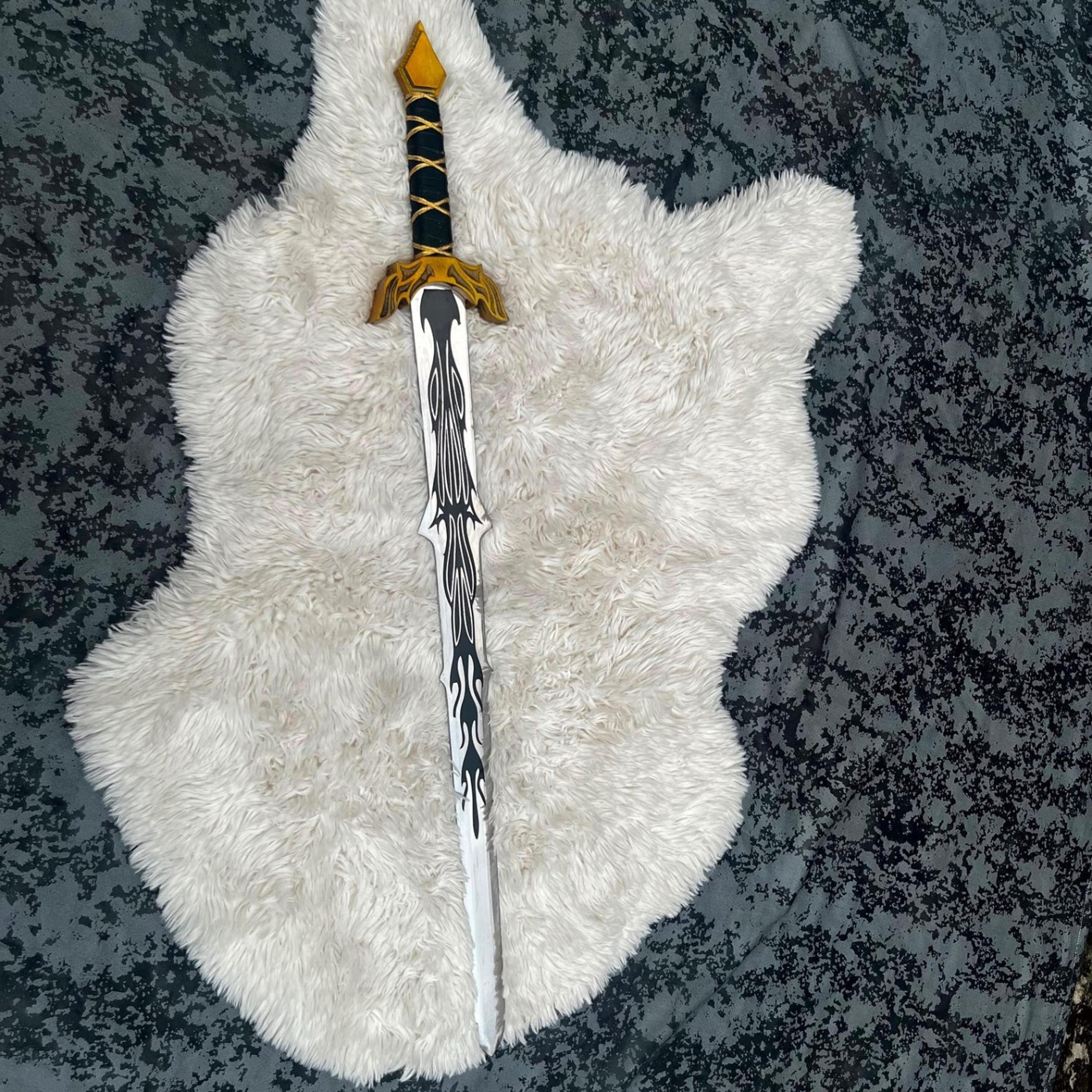 36in black flame fantasy sword with polished steel blade, gold guard & black wrapped grip