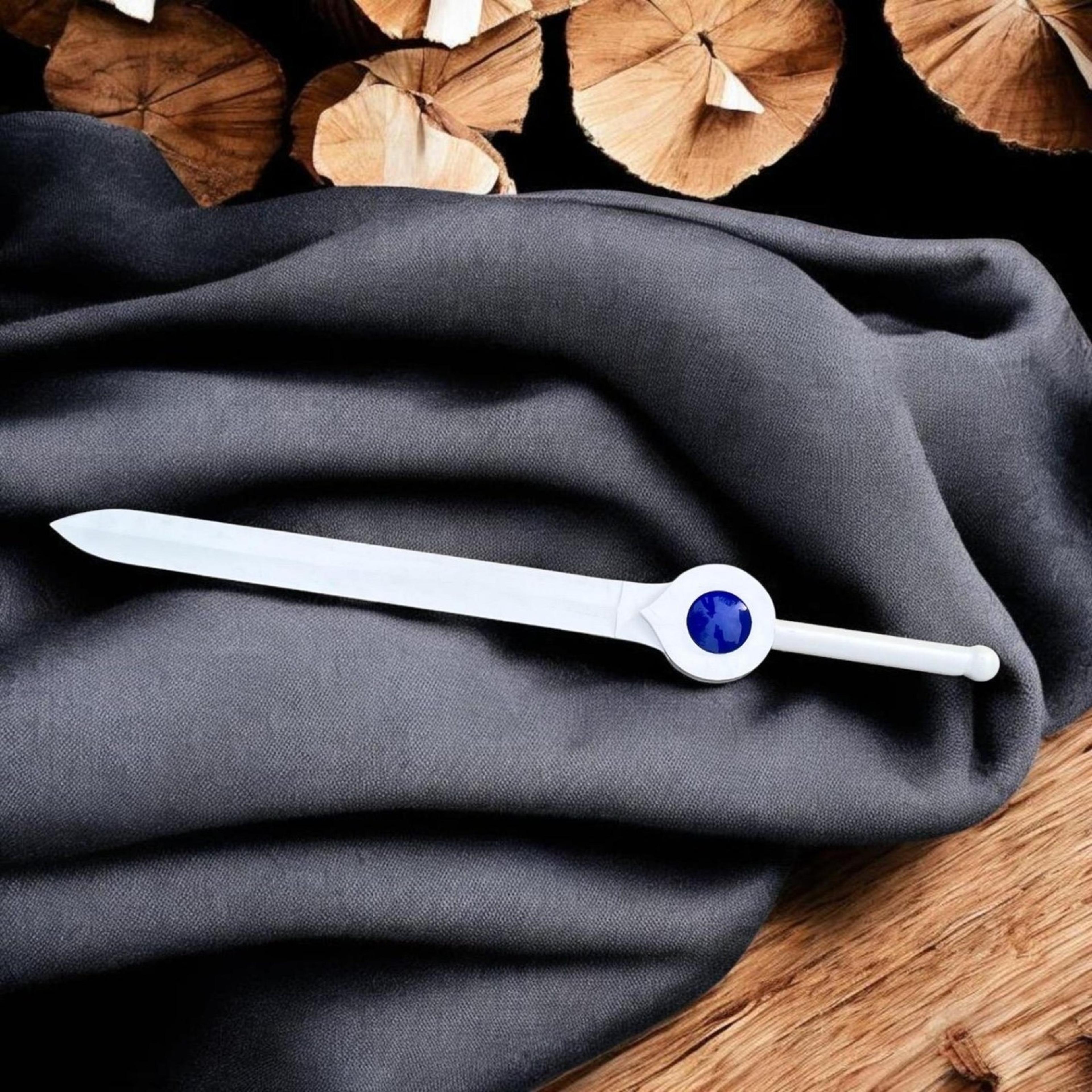 30in finn sword replica with silver steel blade, blue gem guard & white fantasy hilt for cosplay display