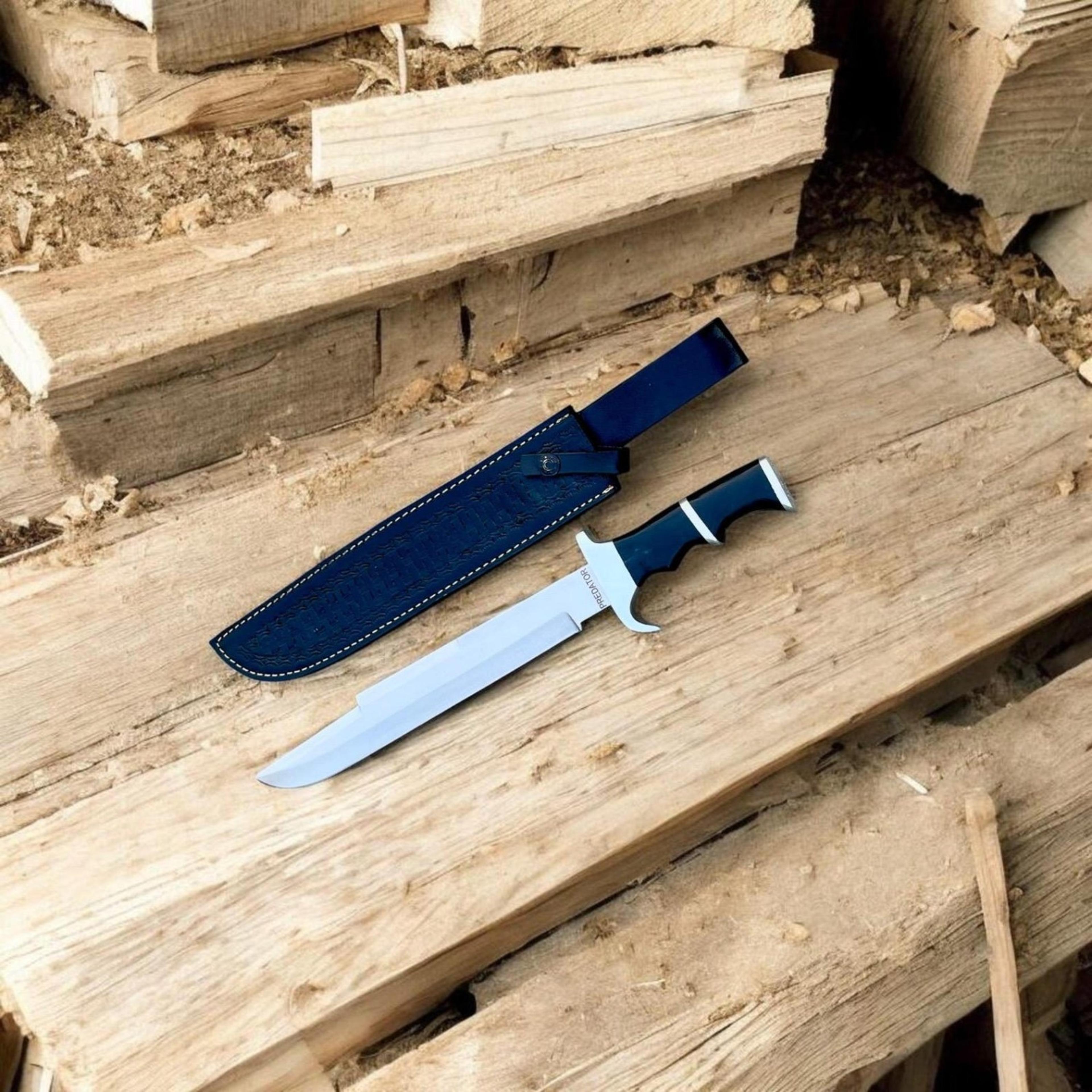 15in classic bowie knife with polished steel blade, black handle & blue leather sheath