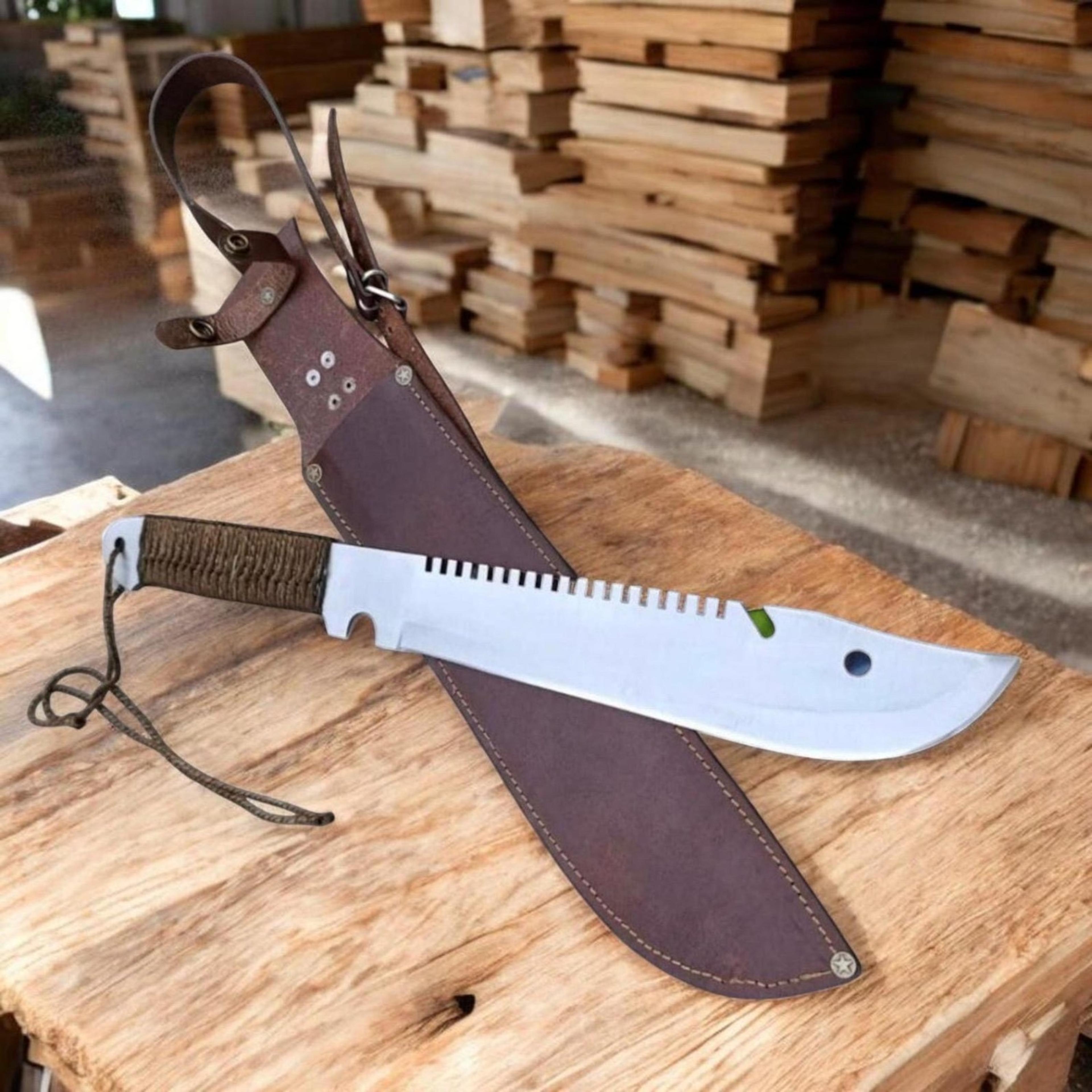 18in sawback tracker machete with polished steel blade, cord-wrapped handle & brown leather sheath