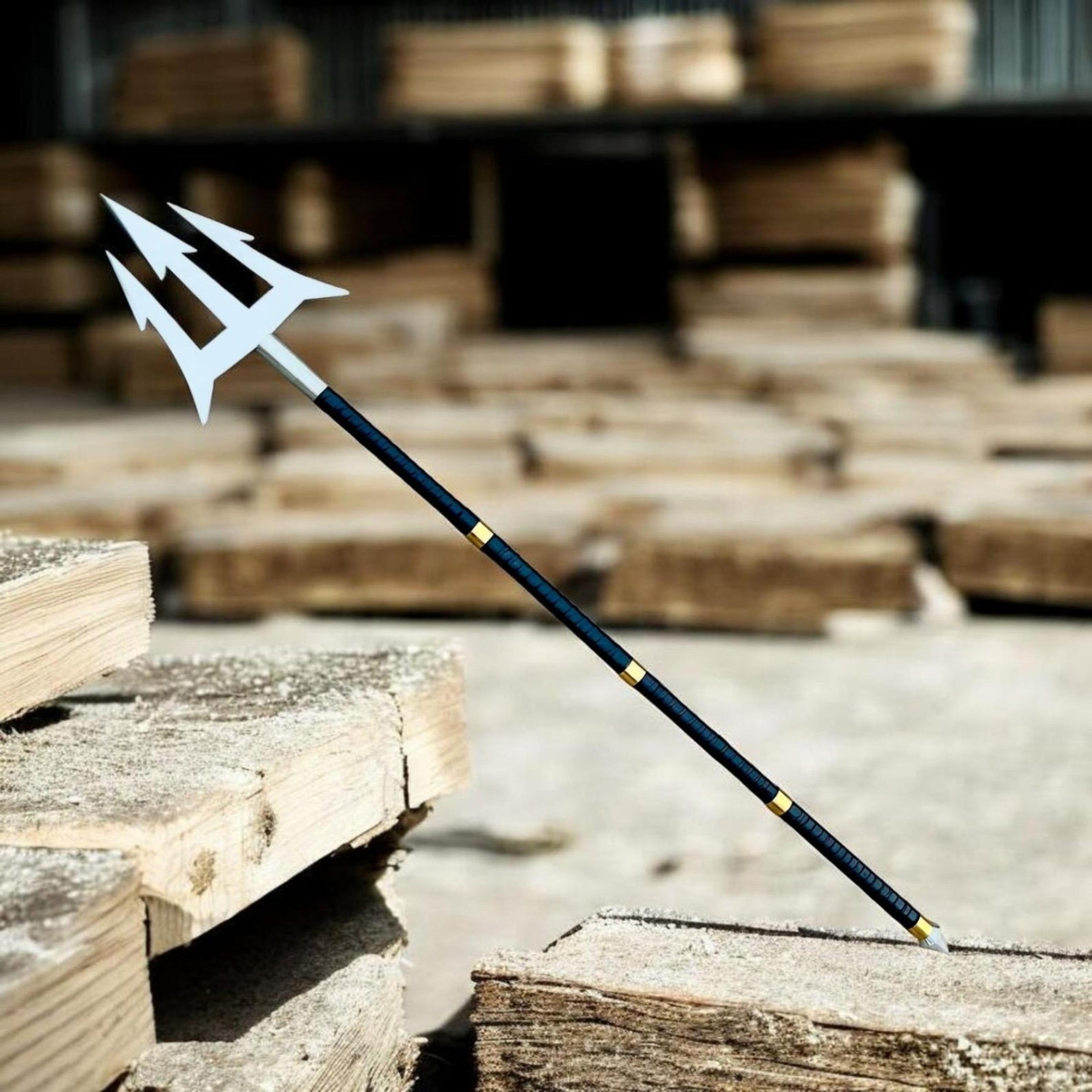 62in poseidon trident replica with polished steel three-prong head, black shaft & gold accents