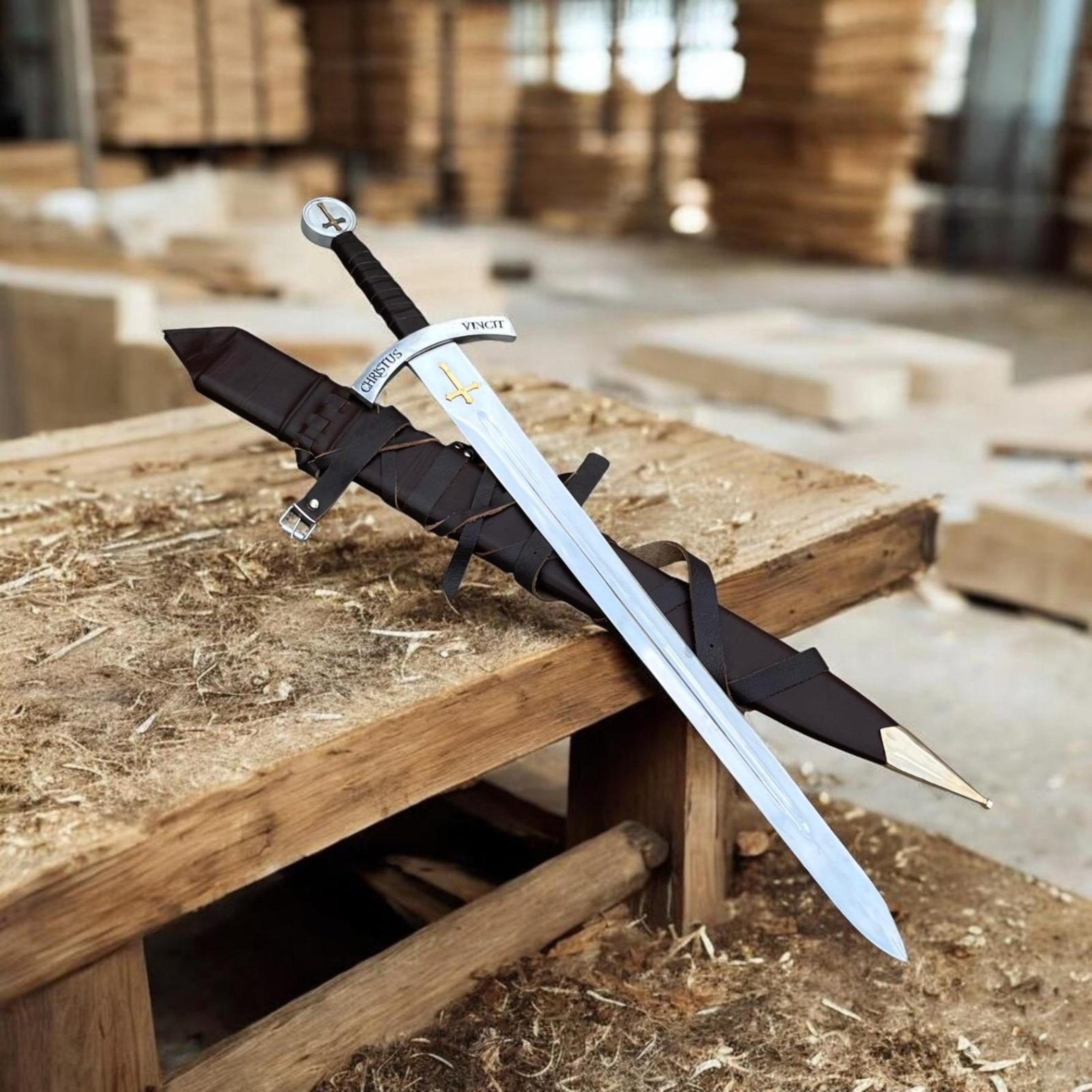 38in christus vincit templar sword with polished steel blade, black grip & brown leather scabbard