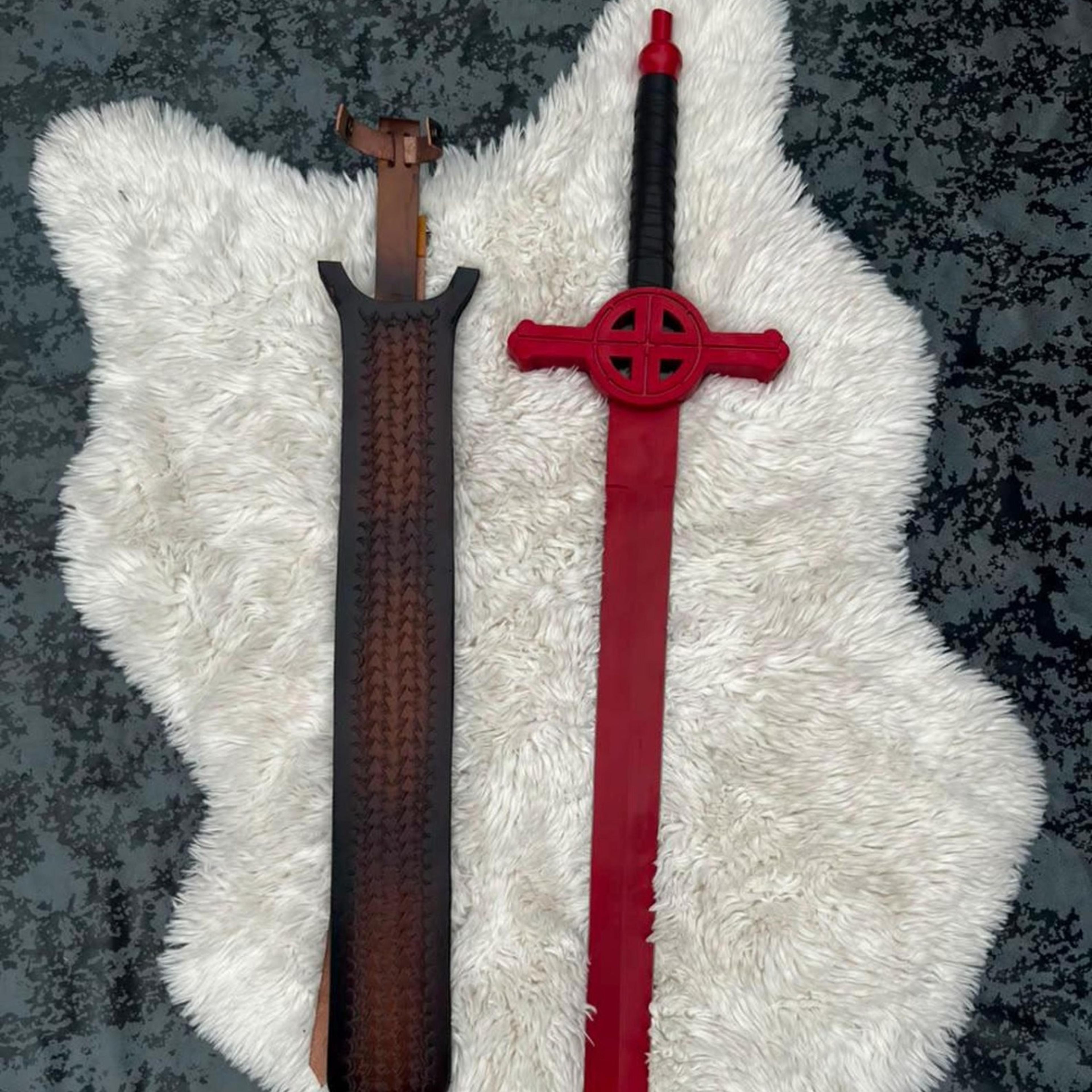 40in crimson cross fantasy sword with red steel blade, black wrapped grip & brown leather scabbard