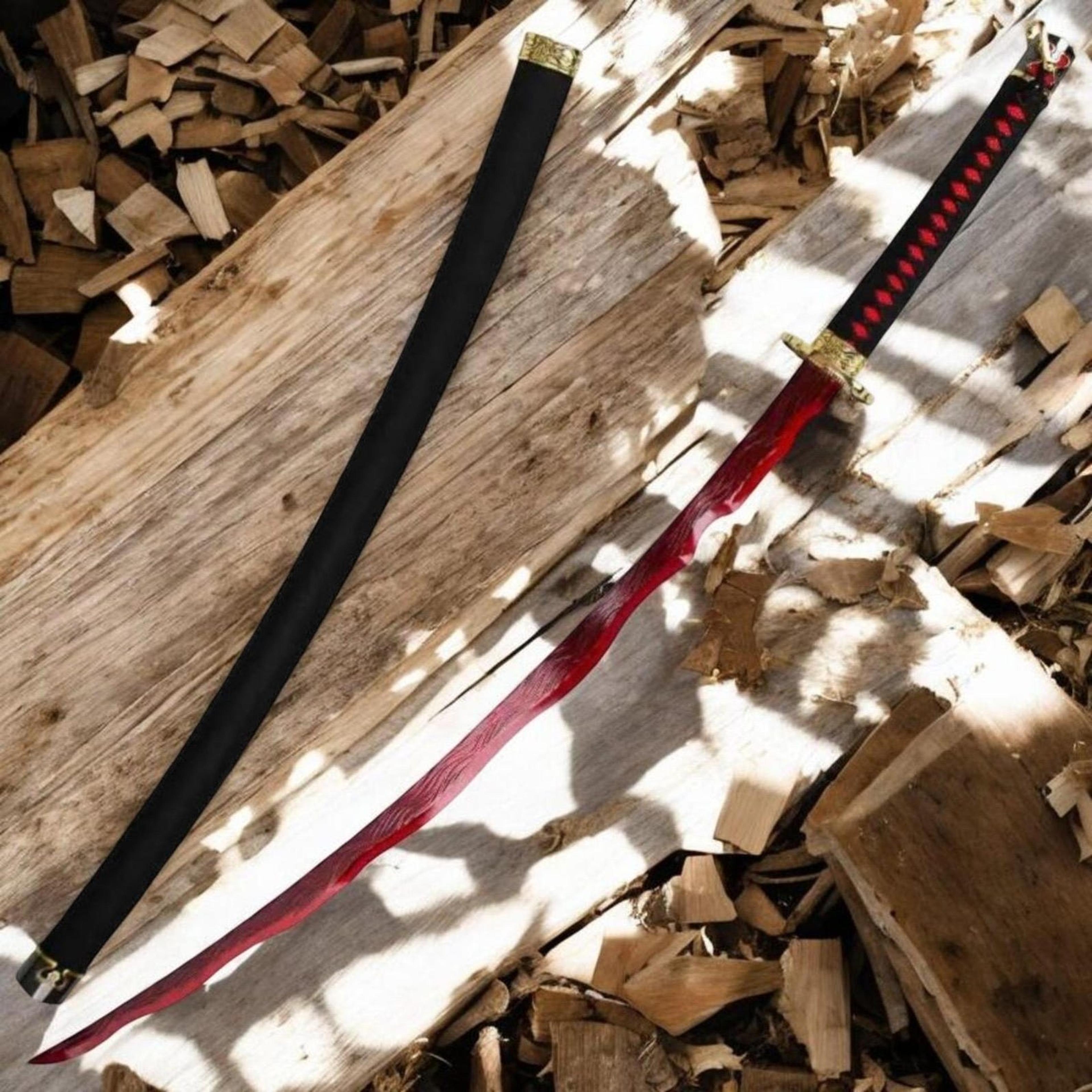 40in rivers of blood katana replica with red flame steel blade, black red grip & black scabbard