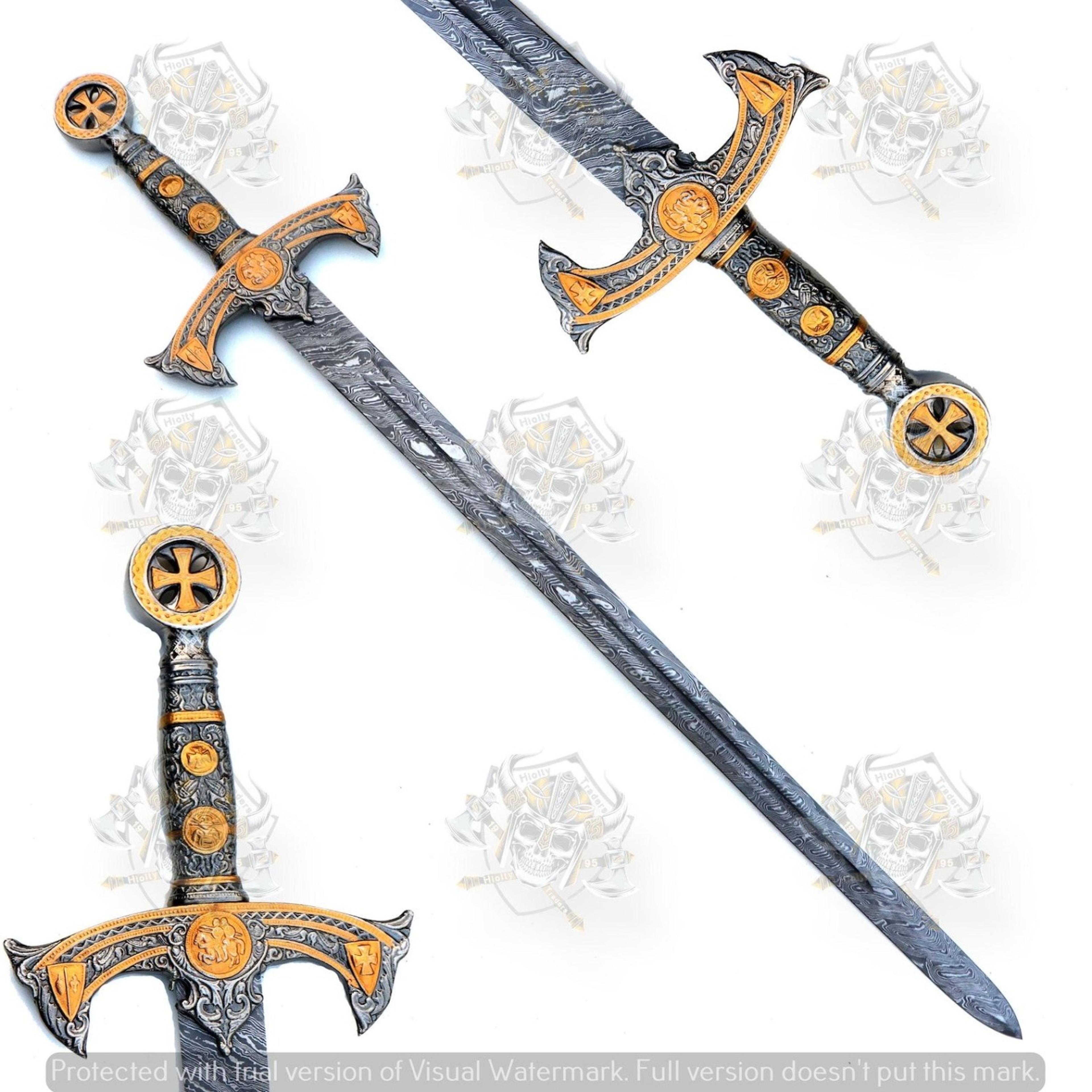 38 inch hand forged crusader knight sword – damascus steel blade with ornate gold cross hilt, medieval collector gift