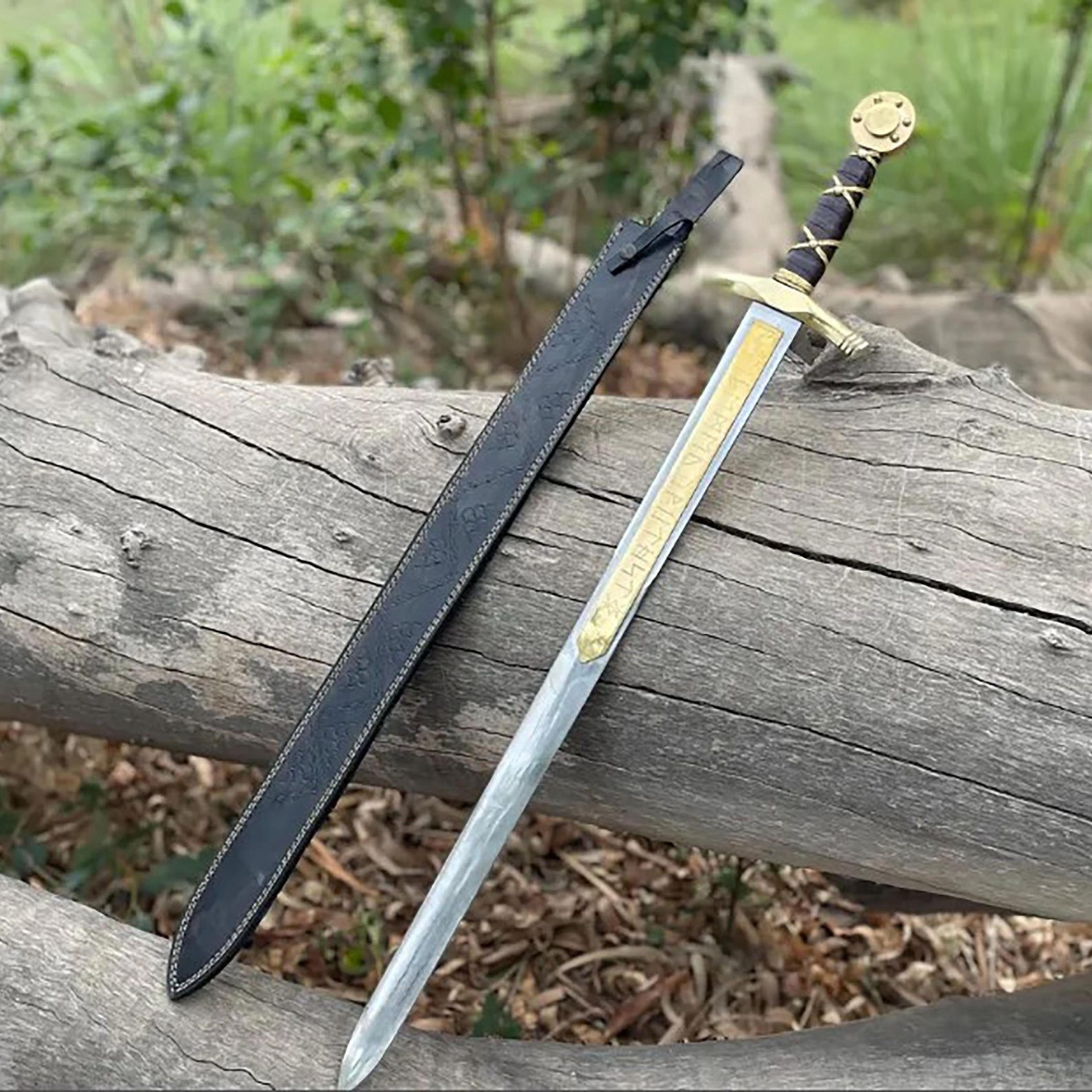 handmade viking rune sword – gold inlay steel blade with black leather sheath, norse warrior collector gift