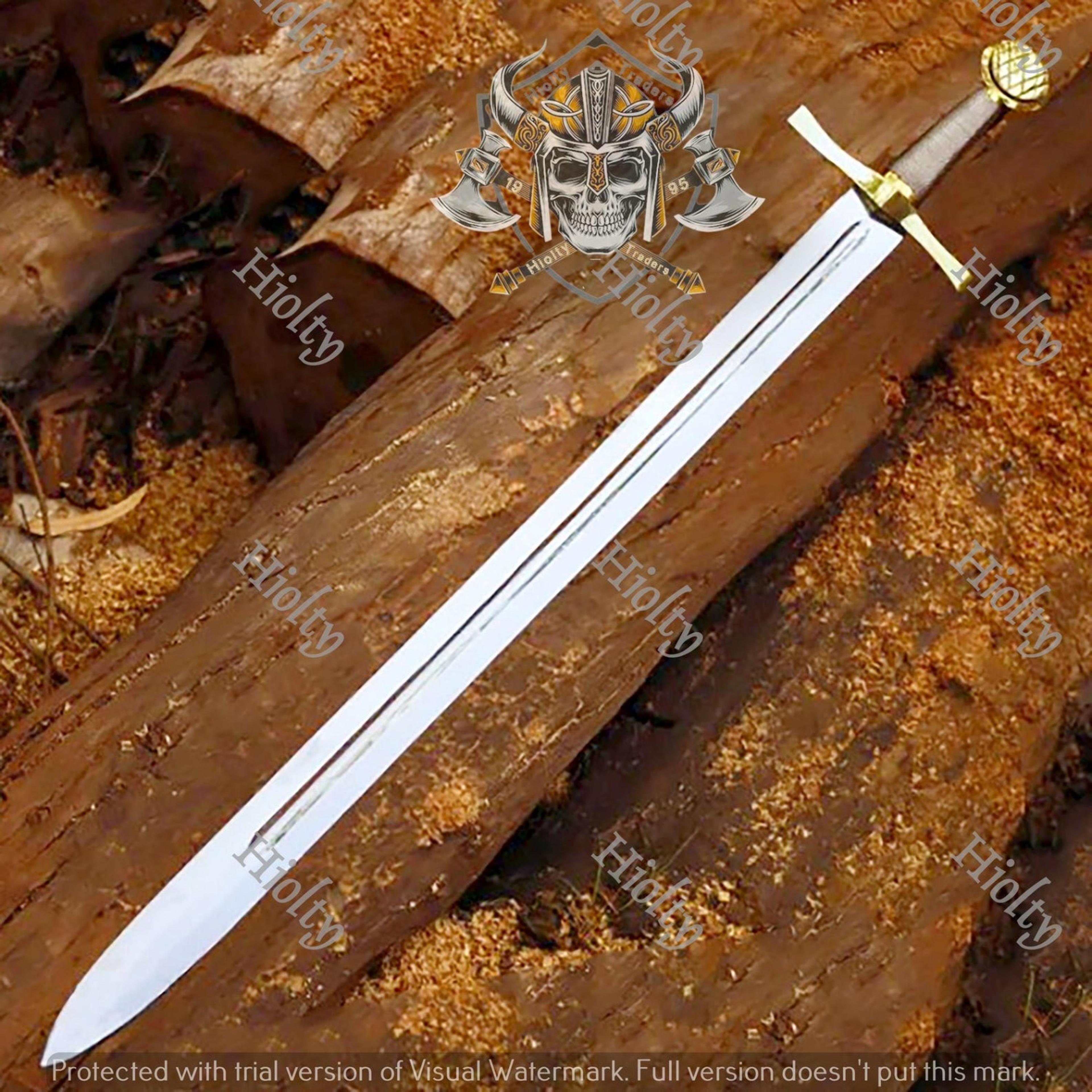 38 inch hand forged medieval knight sword – handmade fullered steel blade, gold hilt, custom historical gift