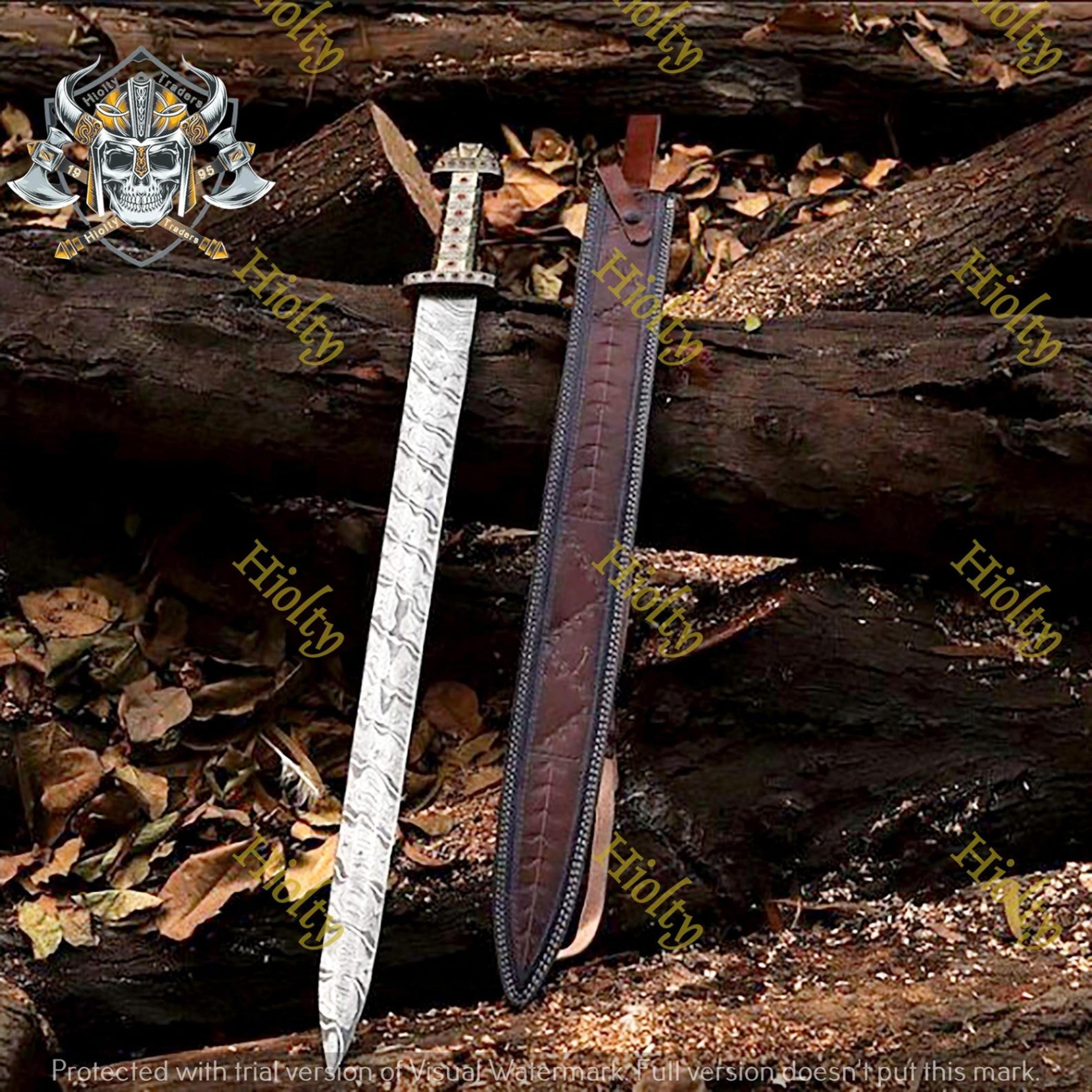 handmade damascus viking seax sword – pattern welded steel blade with bone style handle & brown leather sheath