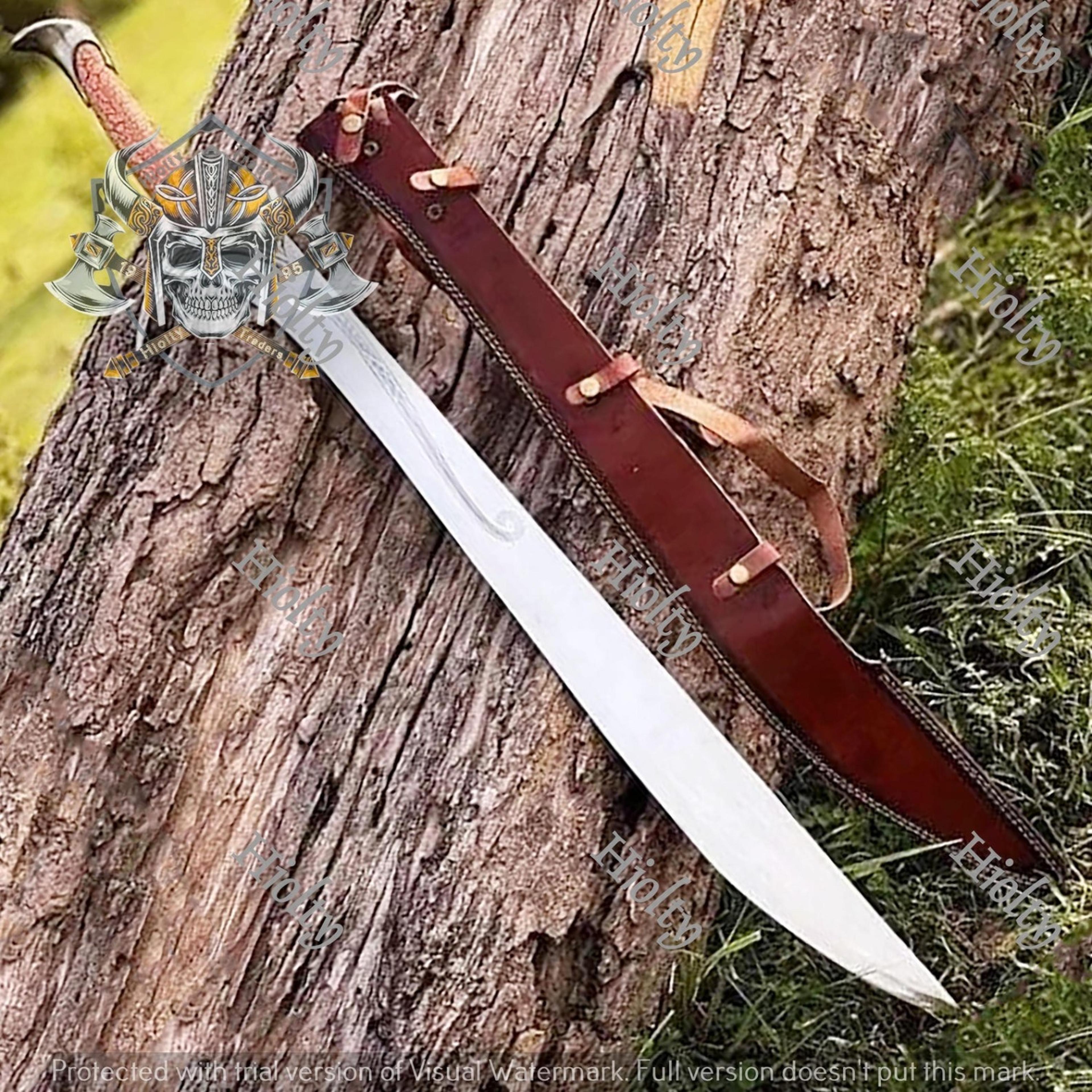 handmade medieval falchion sword – broad polished steel blade with leather scabbard, historical warrior collector gift