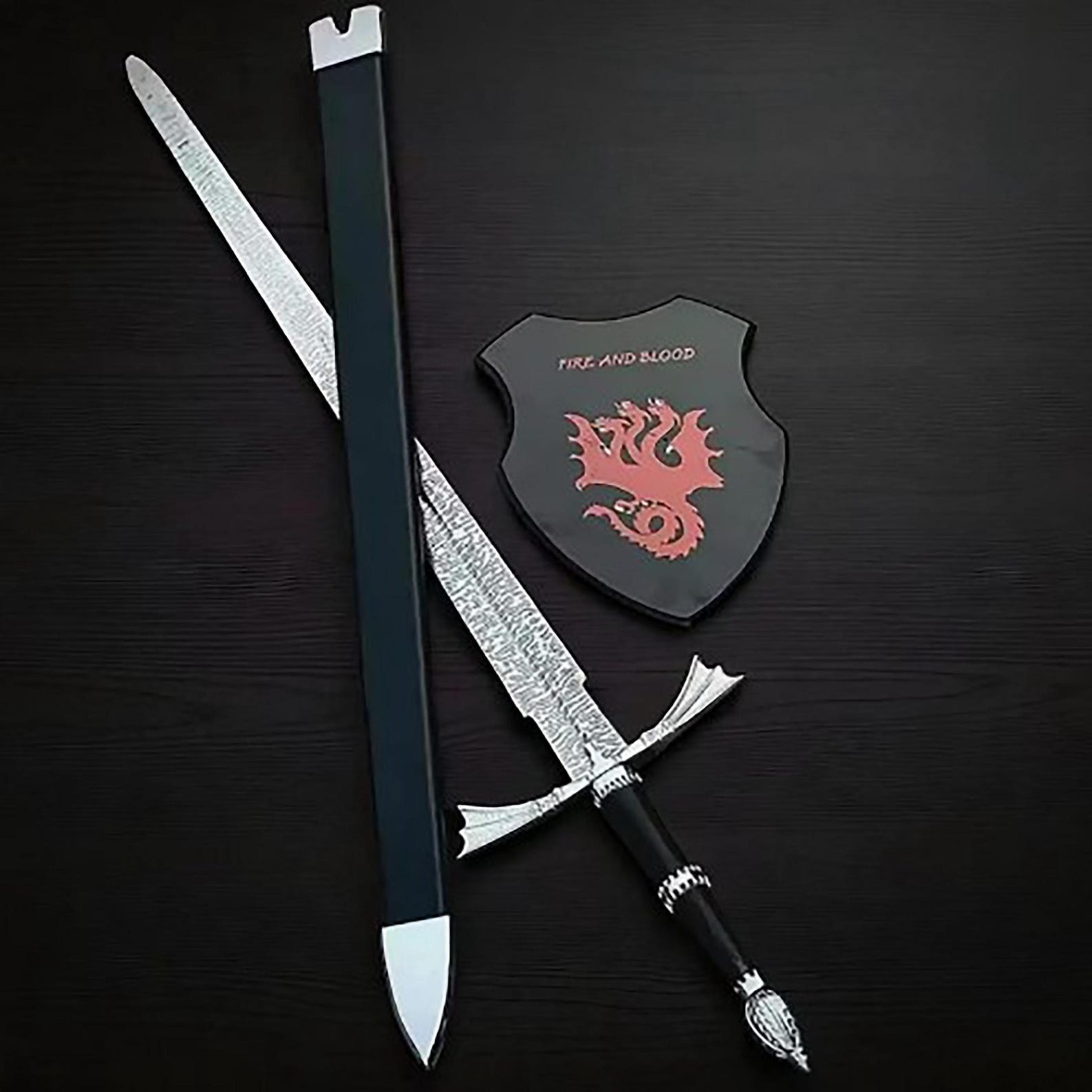 handmade targaryen blackfyre inspired sword – damascus pattern blade with black scabbard & fire and blood wall plaque