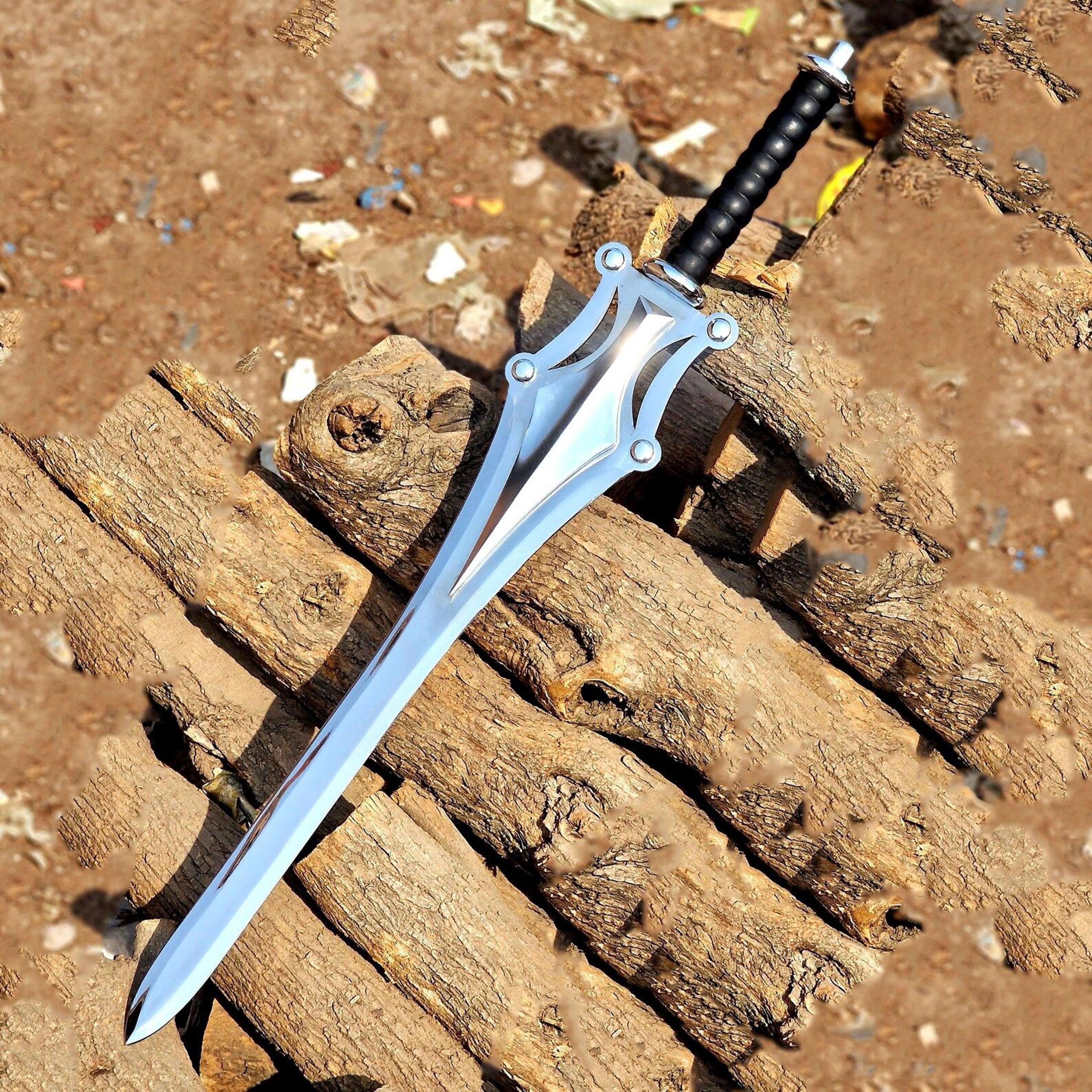 handmade elven fantasy sword – polished steel leaf blade with sculpted guard, custom medieval cosplay gift