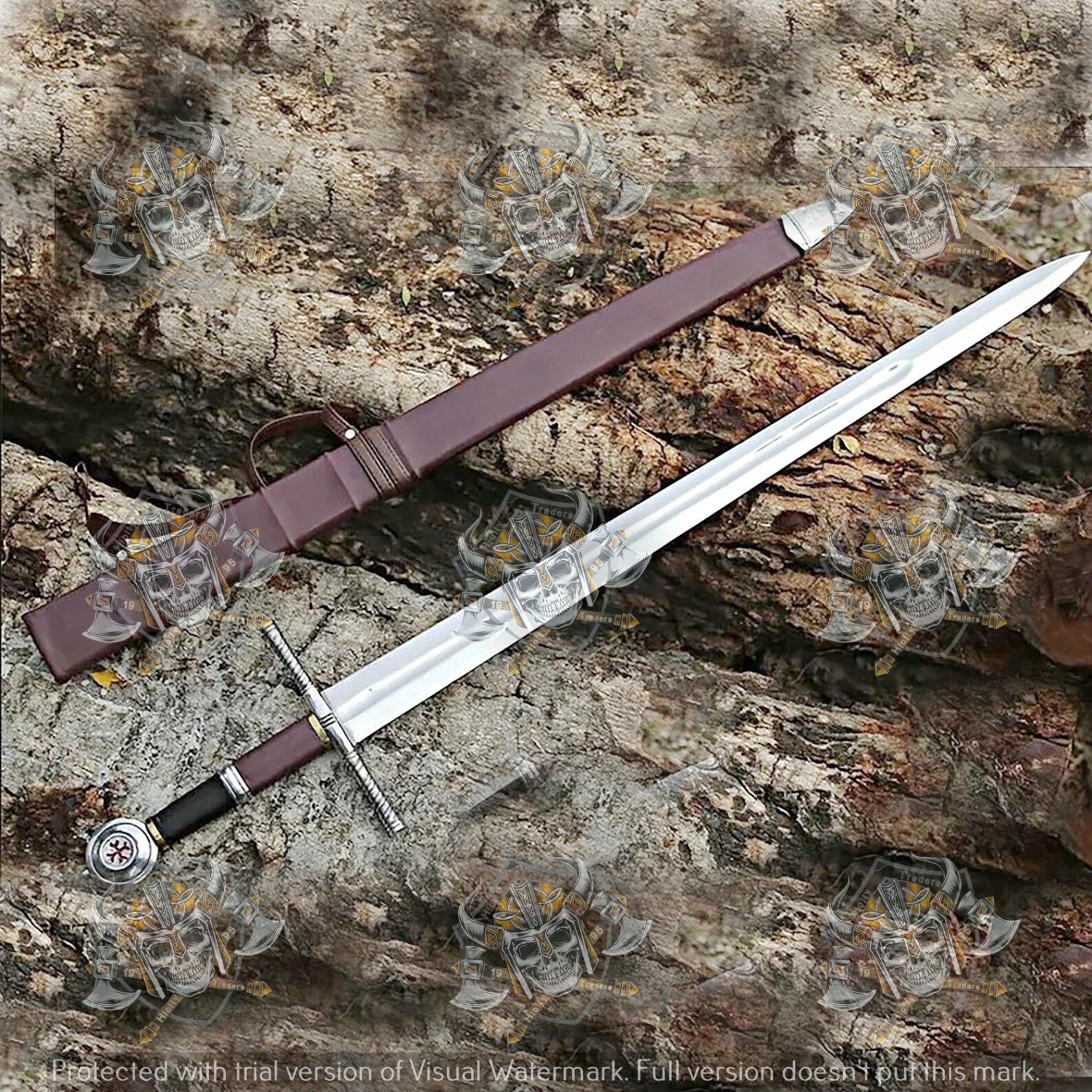 handmade medieval crusader longsword – polished steel blade with brown leather scabbard, knight collector gift