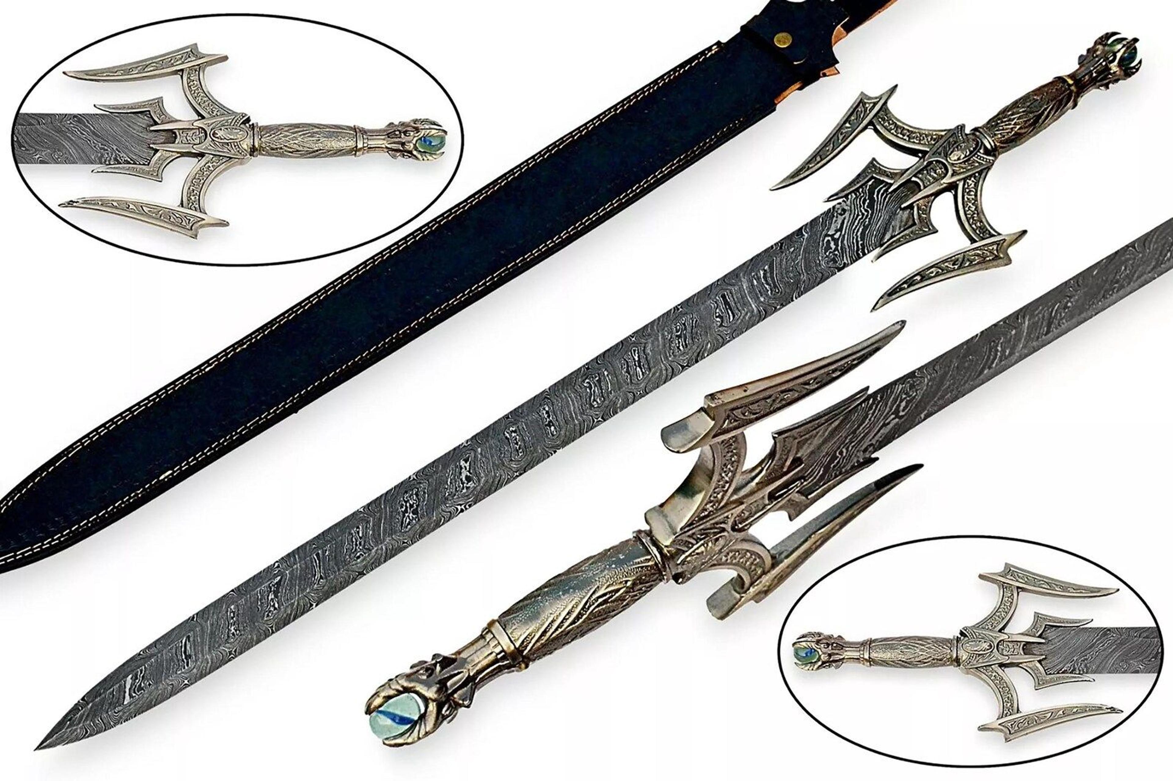 38 inch handmade damascus fantasy longsword – rune etched blade with ornate trident guard, medieval collector gift