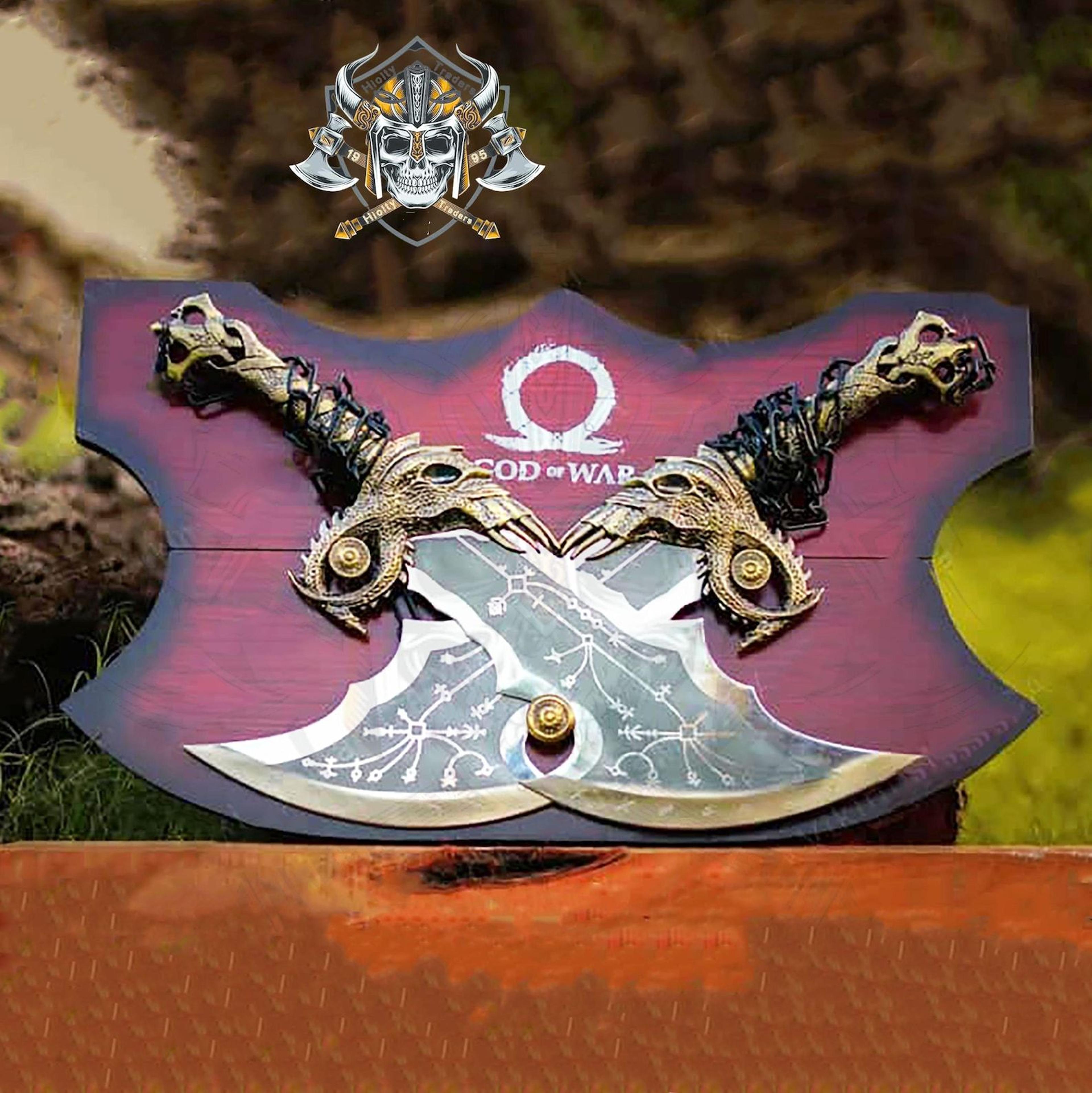 handmade blades of chaos replica set – kratos god of war twin blades with display plaque, gamer collector gift