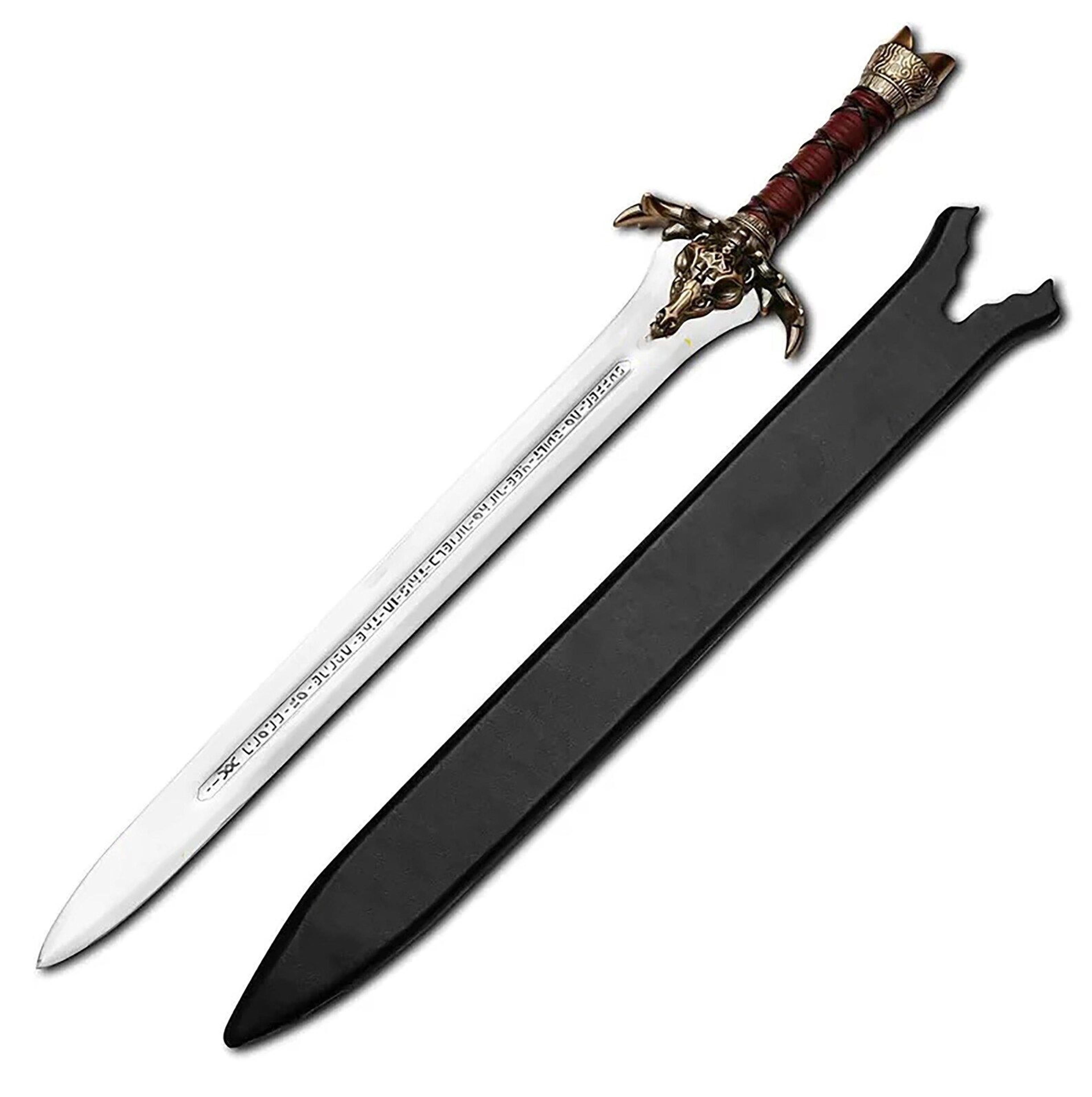39 inch handmade conan atlantean style sword – steel blade with moose skull guard, rune detail & leather wrapped handle