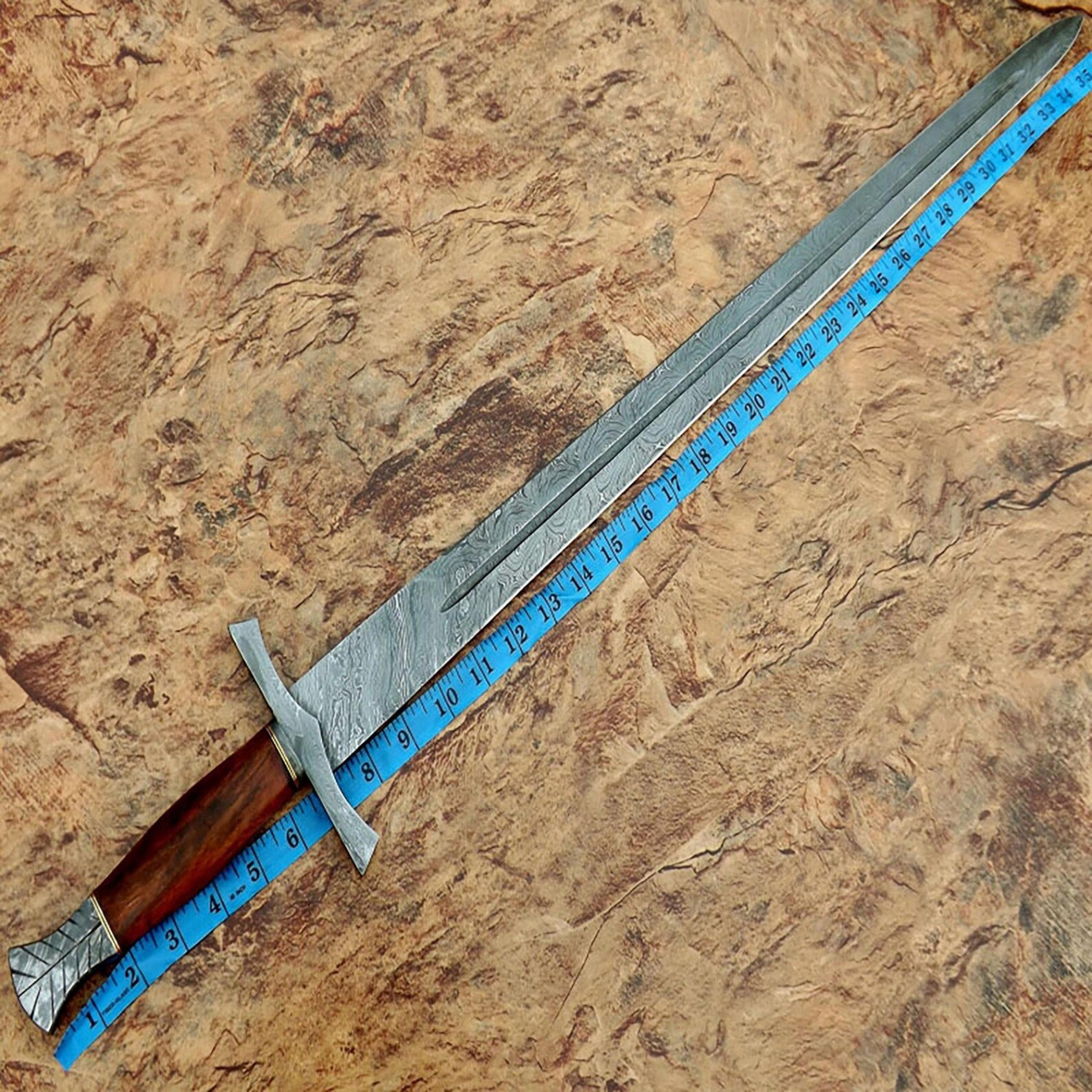 handmade 36 inch fantasy hero replica sword with damascus steel blade rose wood handle and leat