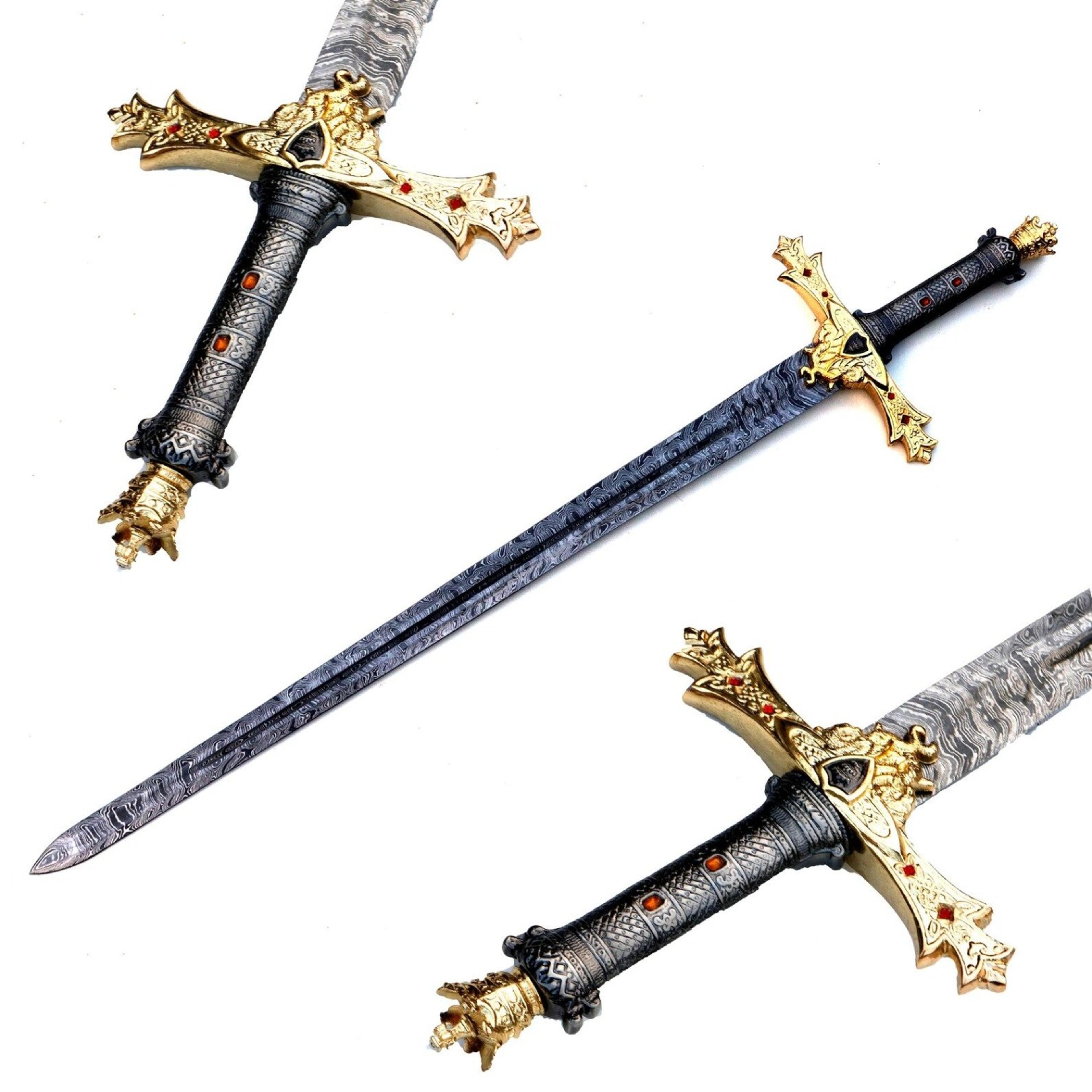 handmade dragon king damascus sword – hand forged pattern steel blade, ornate gold hilt, personalized collector