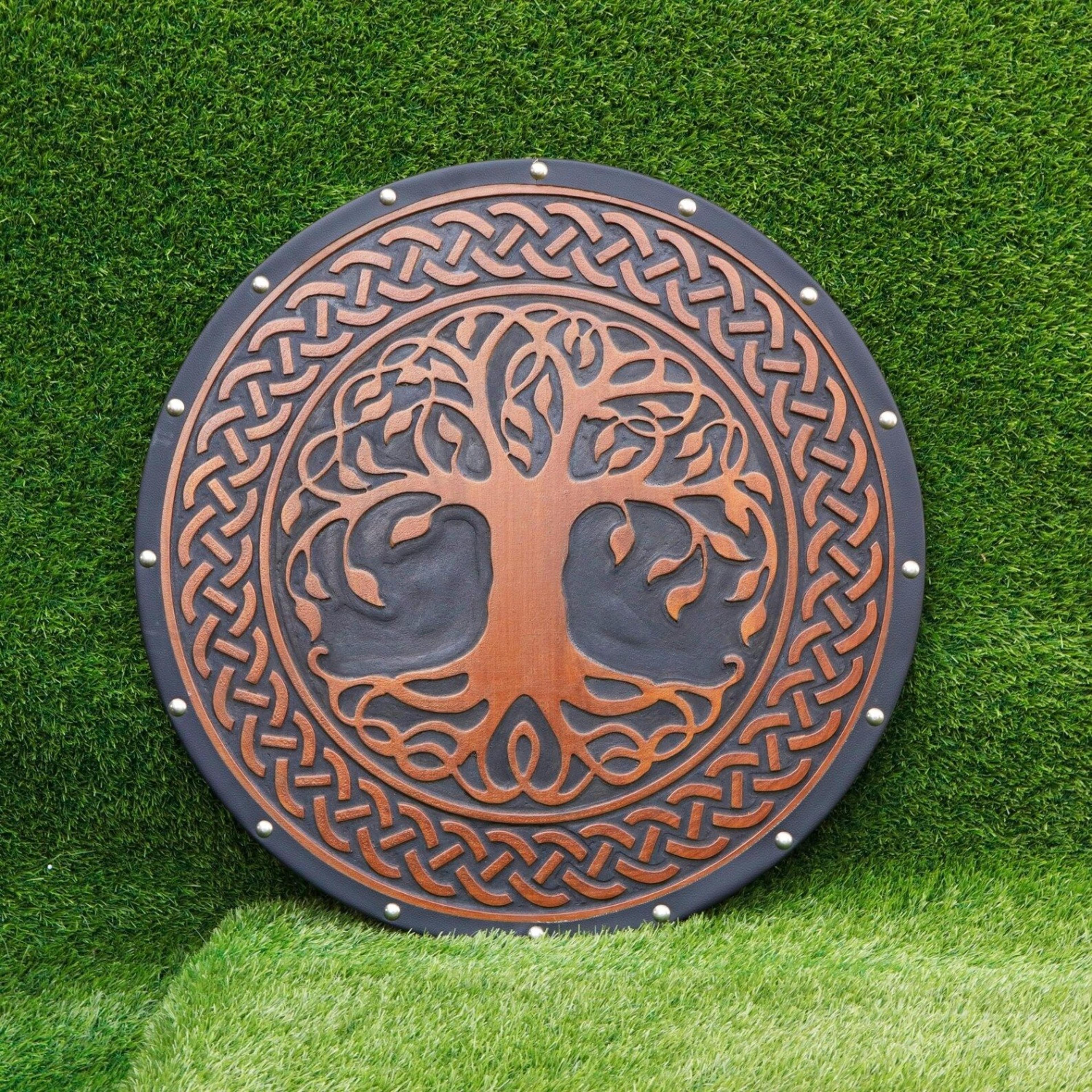 handcrafted 24 inch viking yggdrasil shield – yellow pine tree of life norse wall decor, handmade valhalla gift