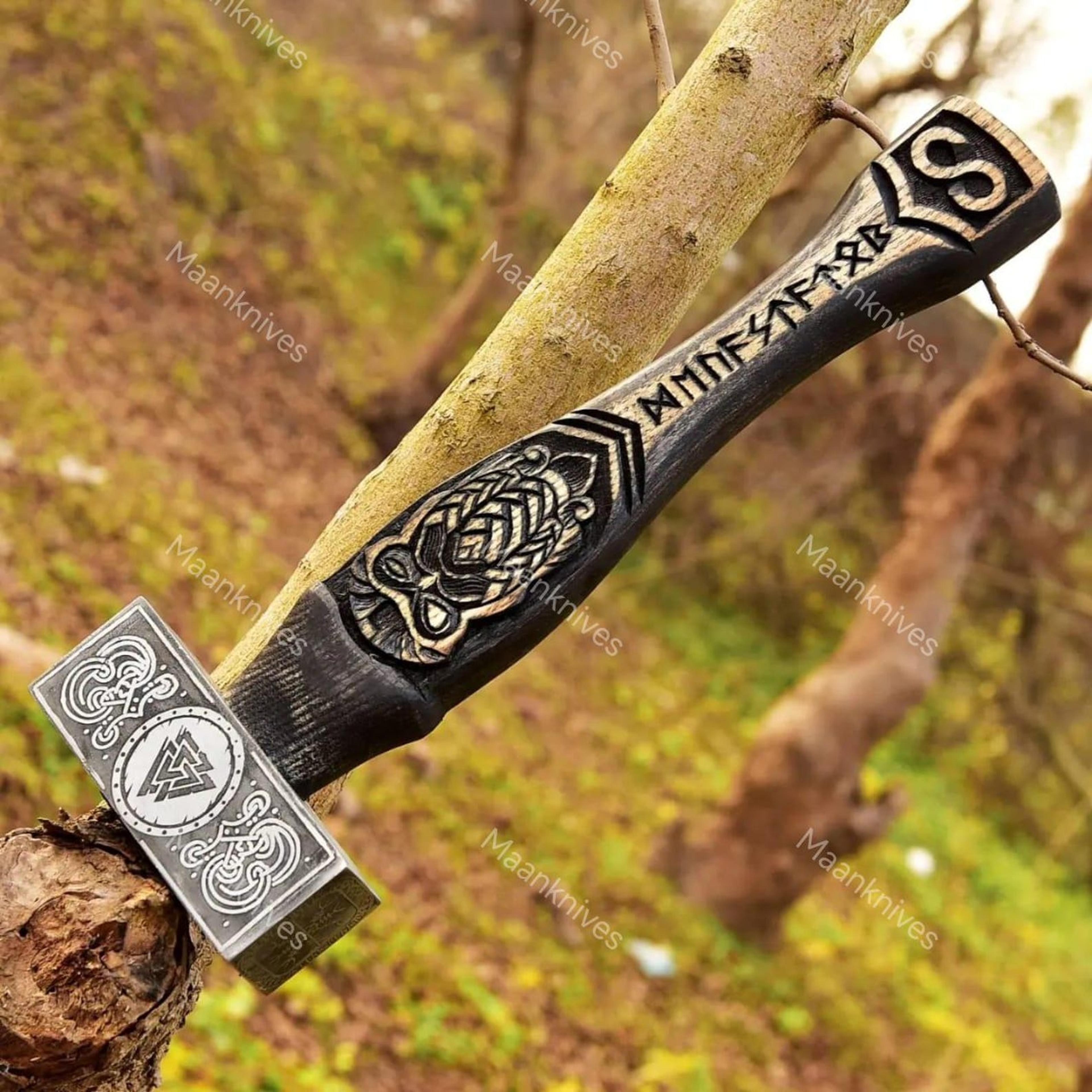 handmade viking thor mjolnir hammer with valknut rune engraving ashwood handle carbon steel hea