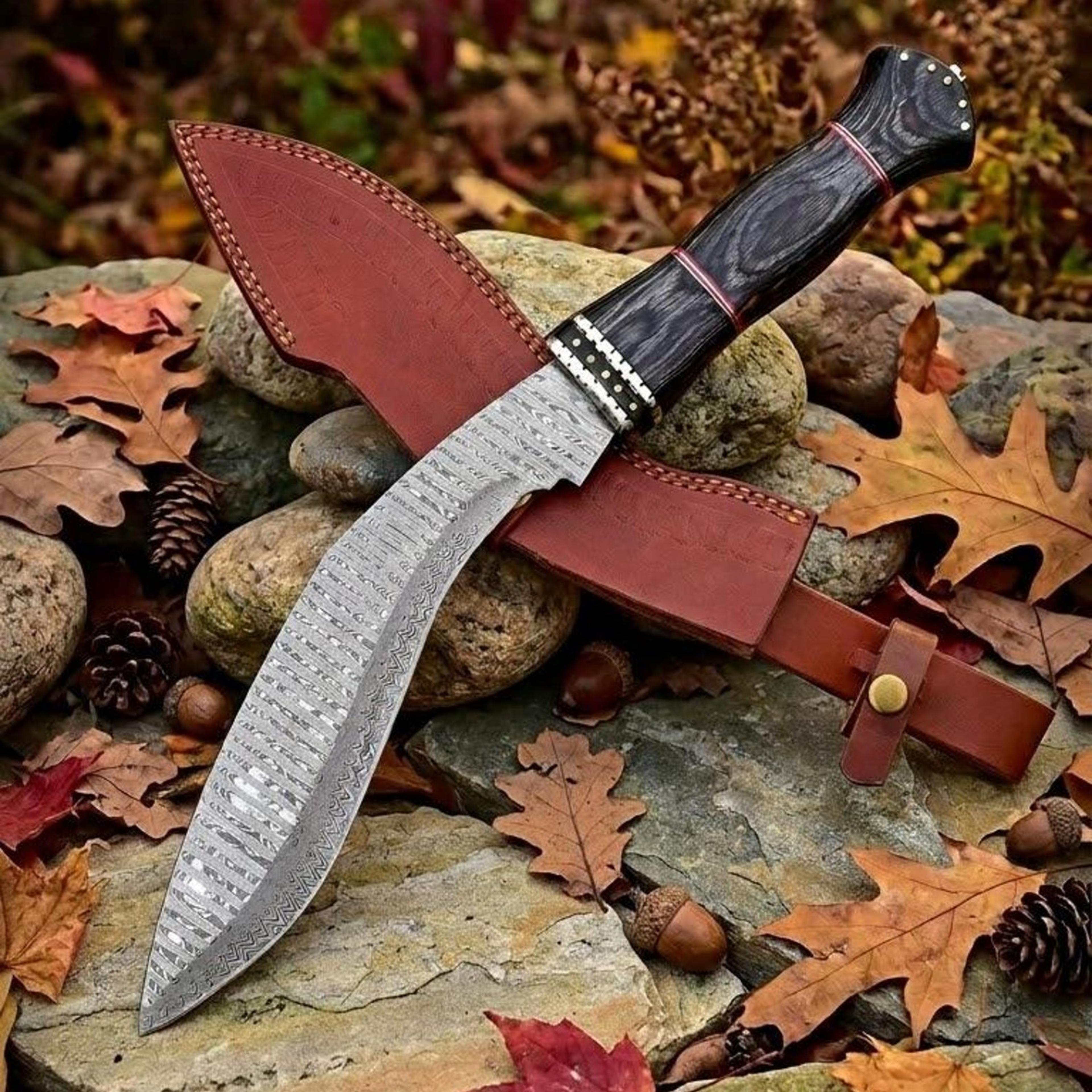 hand-forged 18 inch damascus steel kukri knife with hickory handle and leather sheath for hunting