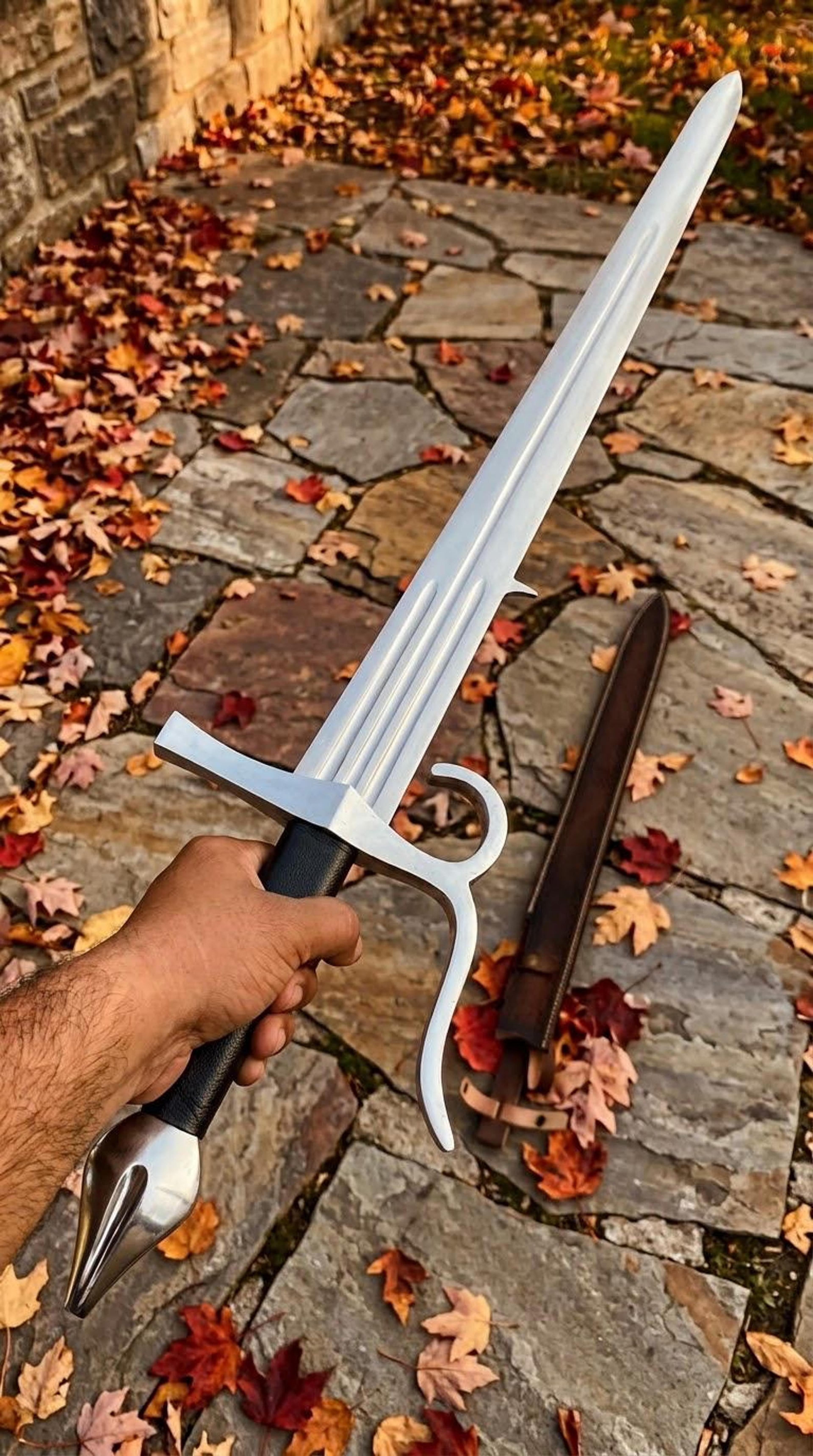hand forged fantasy ranger longsword – fullered steel blade with sculpted guard & brown scabbard, medieval collector gif