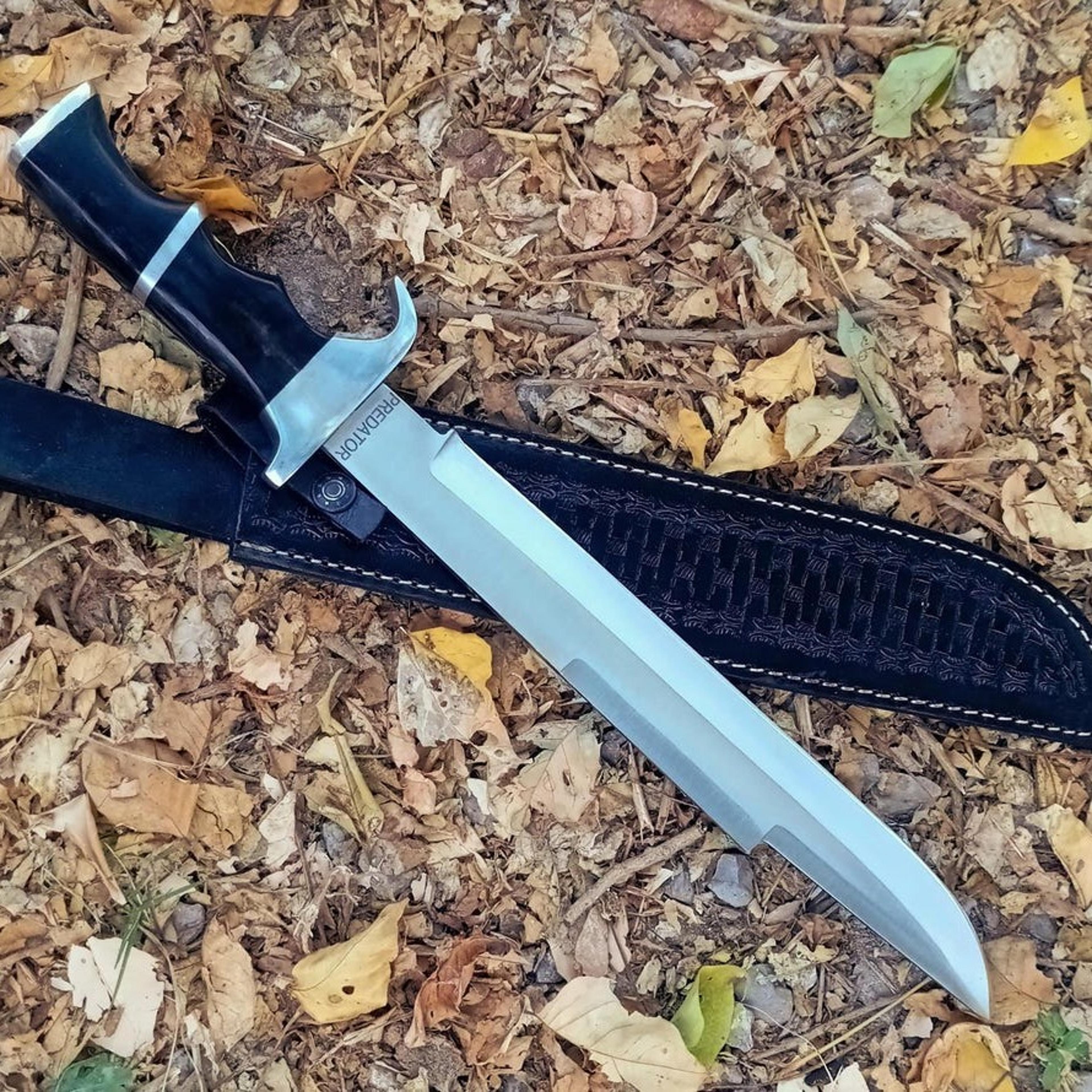 handmade bowie hunting knife – polished steel clip point blade with black handle & leather sheath, outdoorsman gift