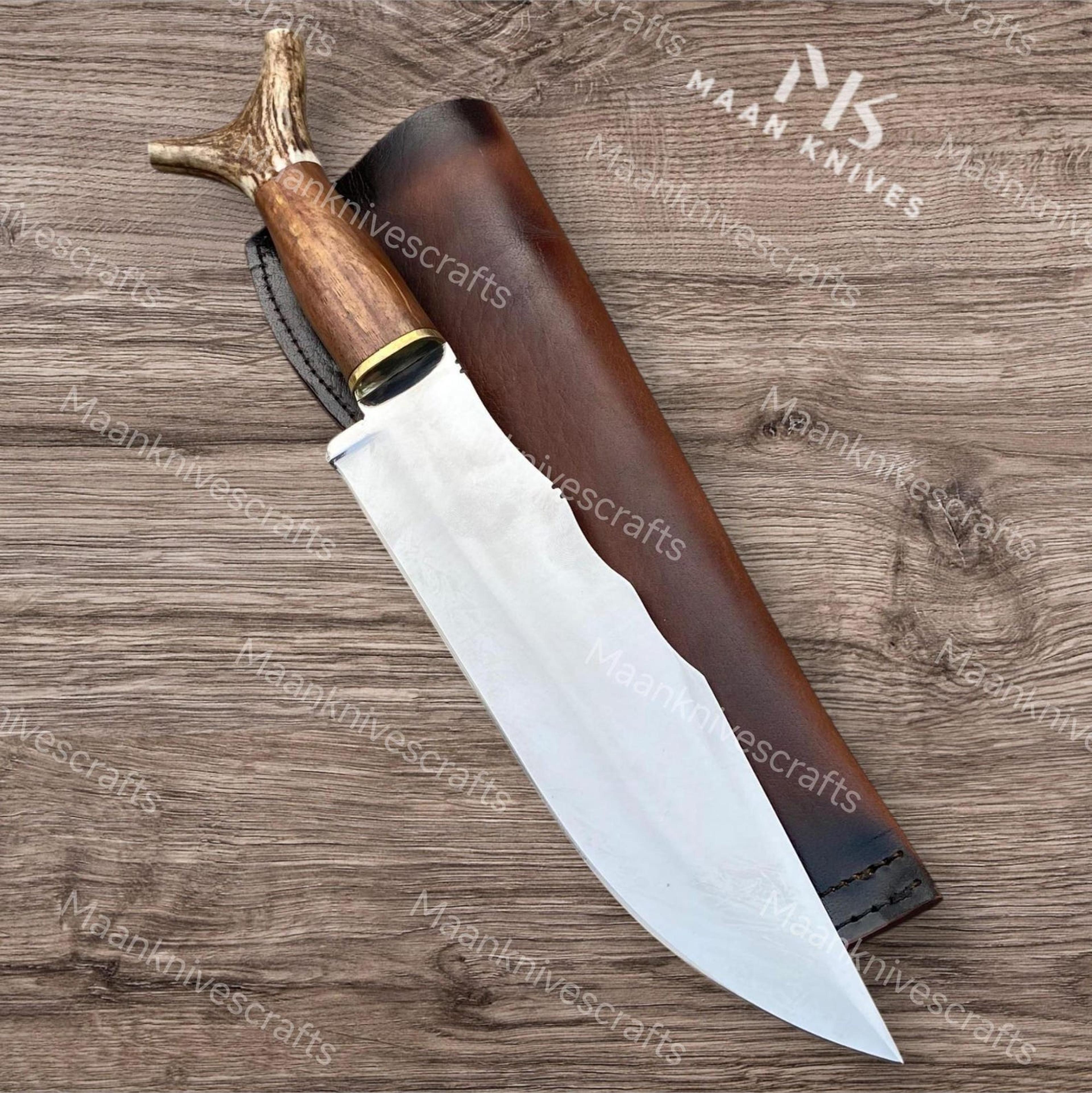 handmade antler handle bowie knife with full tang steel blade & leather sheath | hunting & collector knife