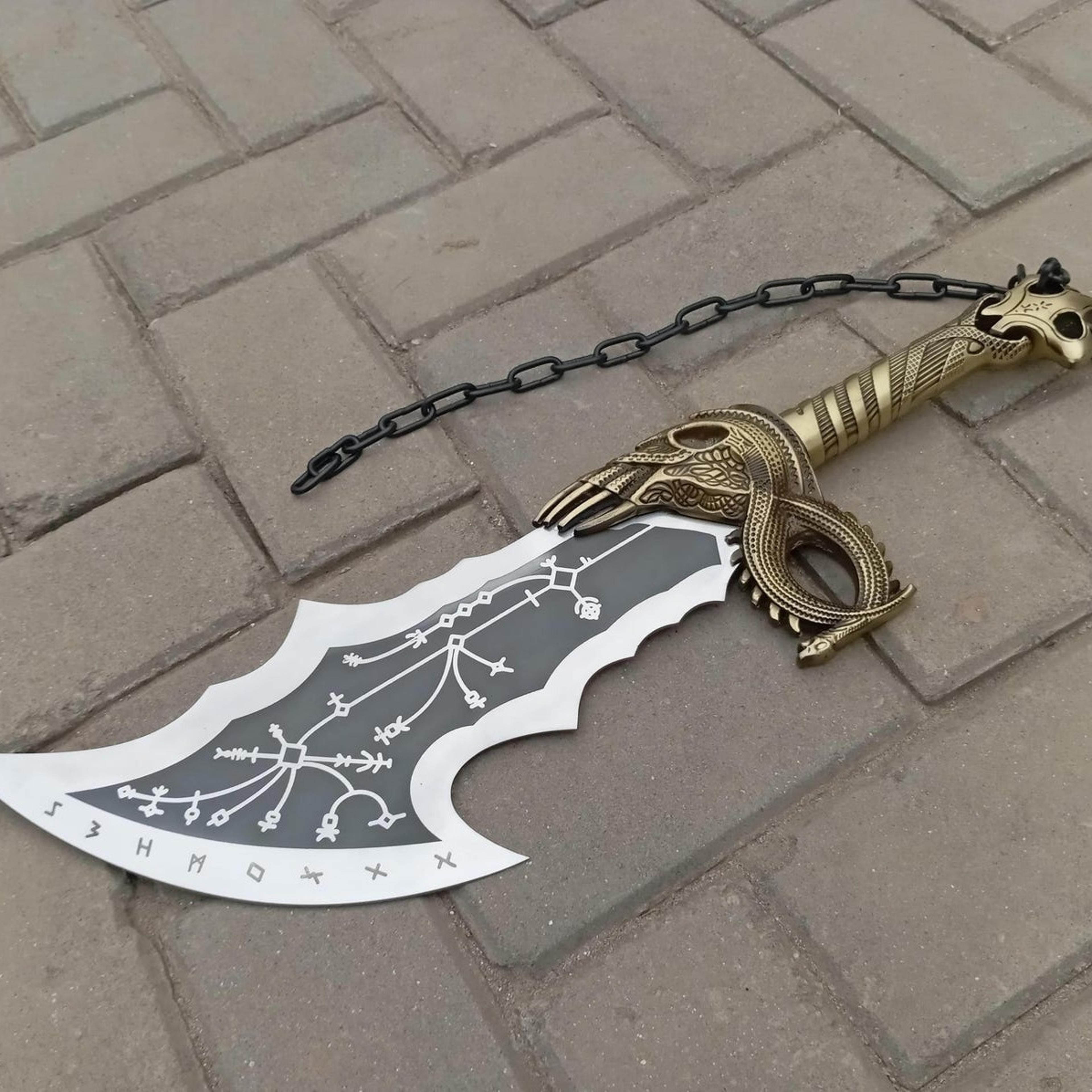 handmade blades of chaos style axe – norse rune fantasy blade with ornate serpent hilt & chain, gamer collector gift