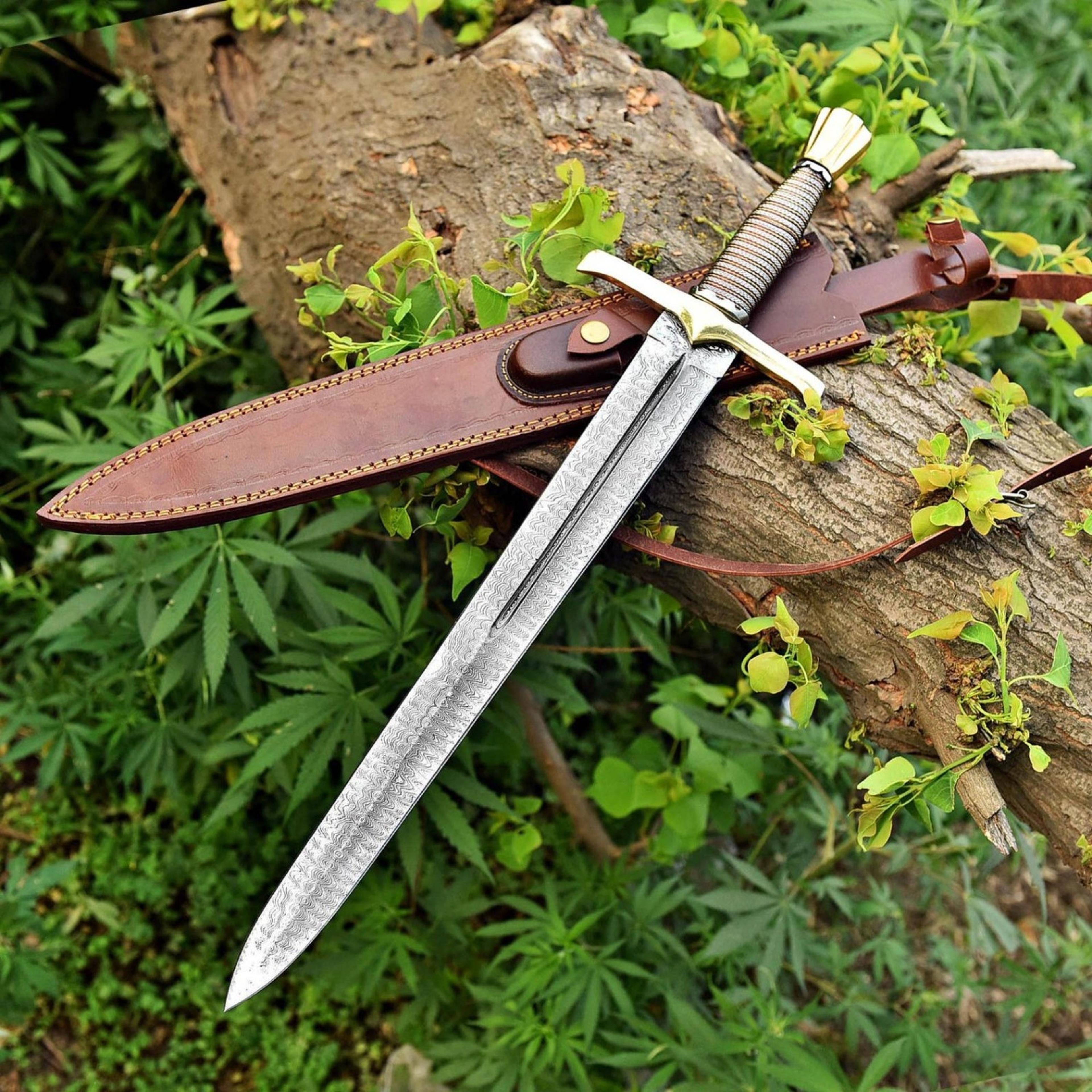 handmade damascus steel viking sword with solid brass fittings wire-wrapped handle and genuine