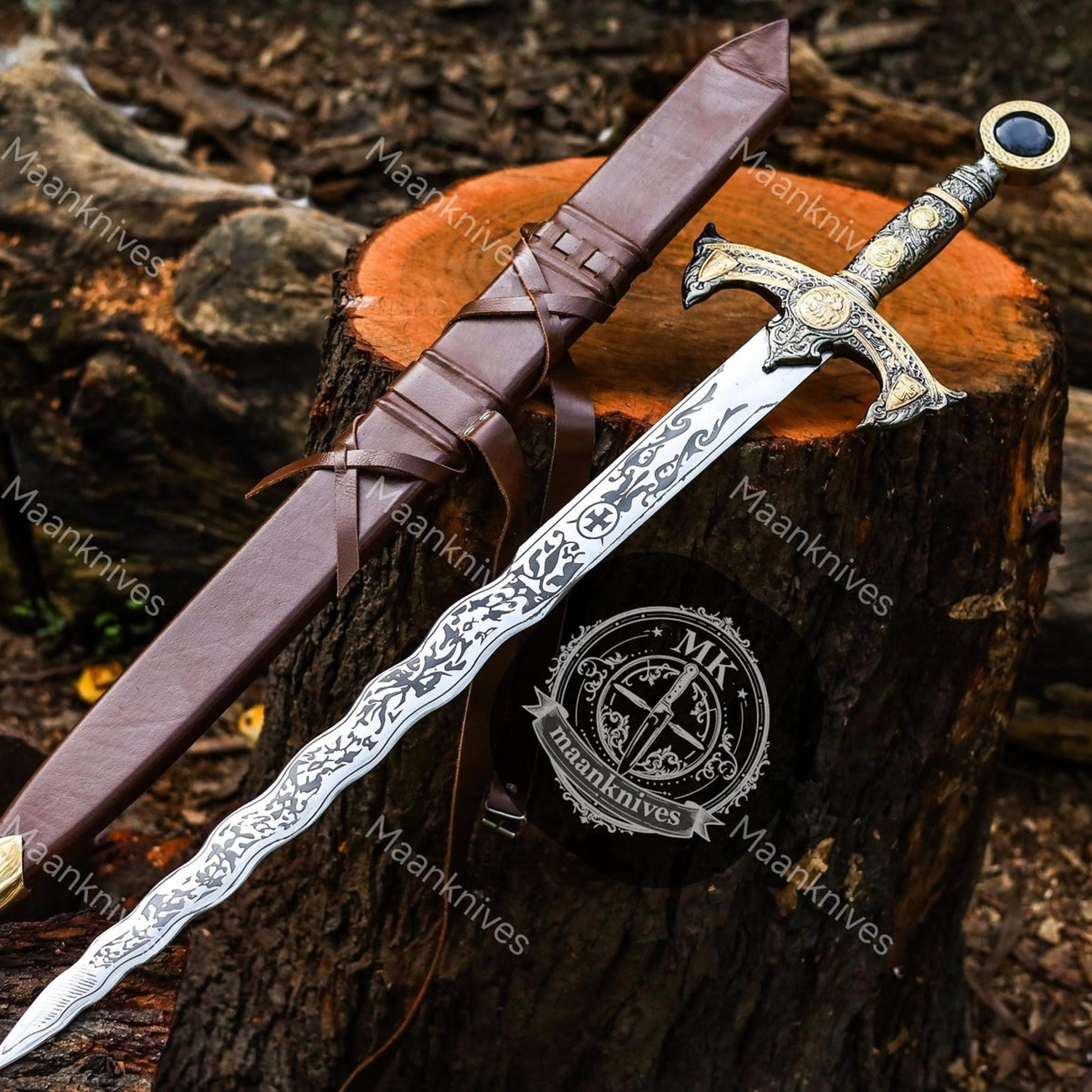 hand forged flamberge crusader sword – engraved wavy steel blade with ornate gold hilt & brown leather scabbard